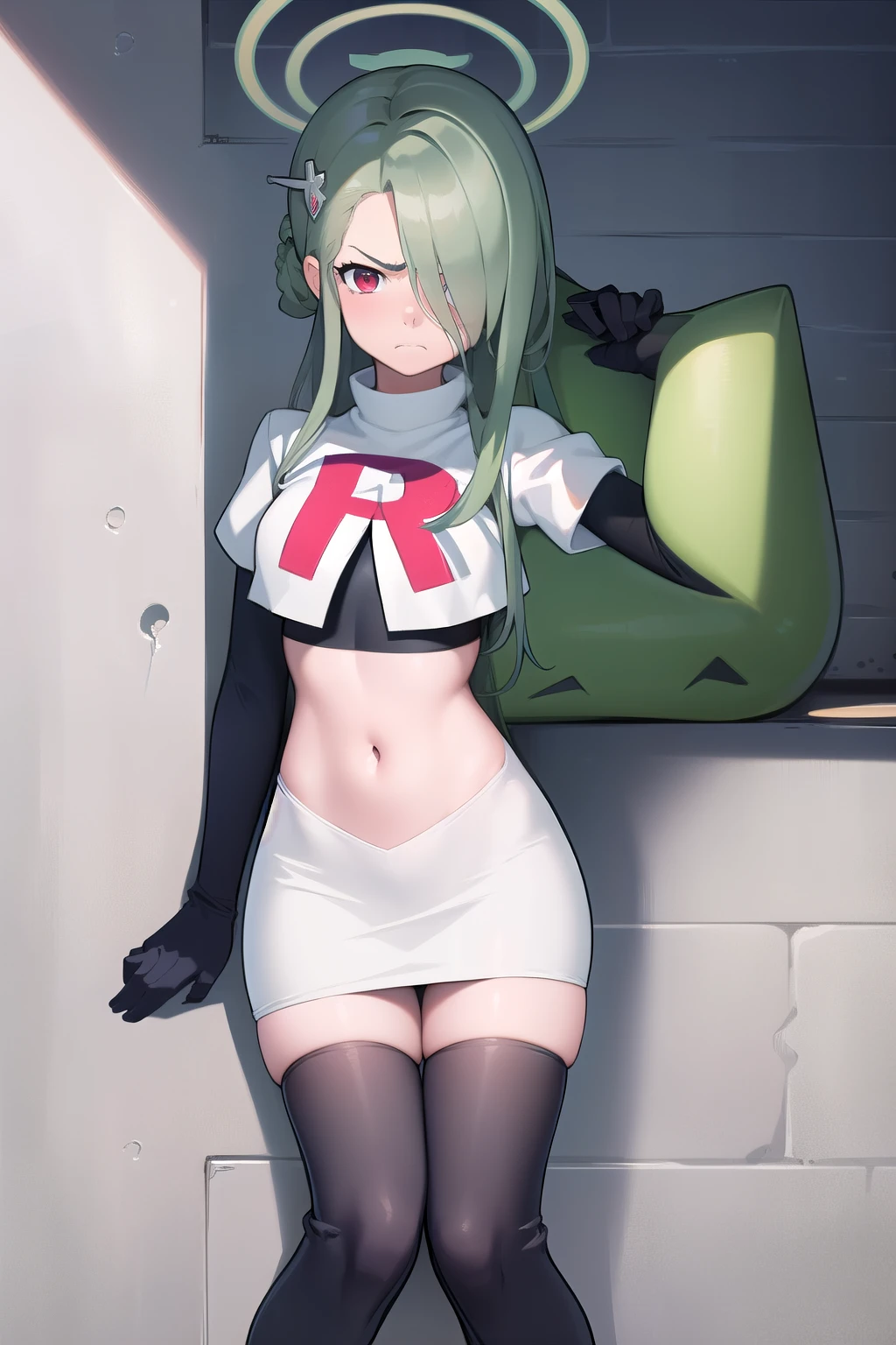 (masterpiece:1.3), (absurdres:1.3), (best quality:1.3), (ultra-detailed:1.3), 1girl, looking at viewer, minaid, halo, hair over one eyes, masterpiece, best quality, flayn, hair ornaments, furrowed brow, annoyed, team rocket,team rocket uniform,white skirt,red letter R,crop top,black thigh-highs,black elbow gloves