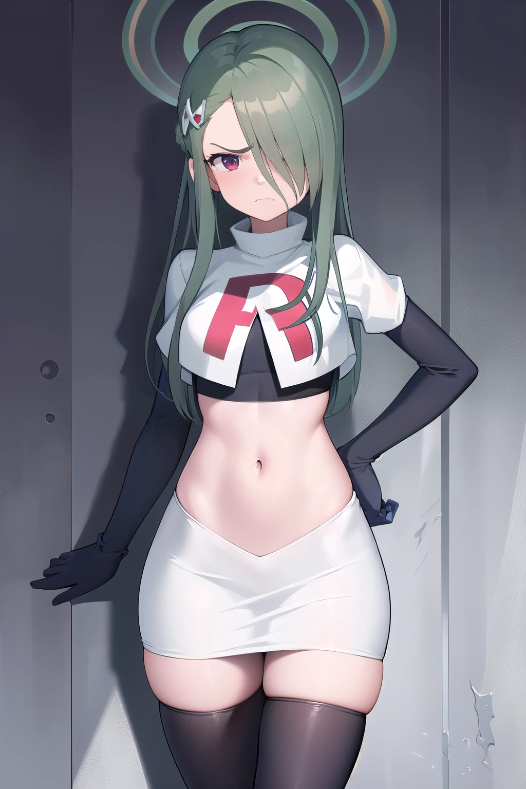 photorealistic, (4k), depth of field, (Masterpiece), (realistic skin texture), extremely detailed, intricate, hyper detailed, professional photography, bokeh, high resolution, sharp detail, best quality, woman, long hair, green hair, yellow eyes, hair covering one eye, team rocket,team rocket uniform,white skirt,red letter R,crop top,black thigh-highs,black elbow gloves, muscular female,