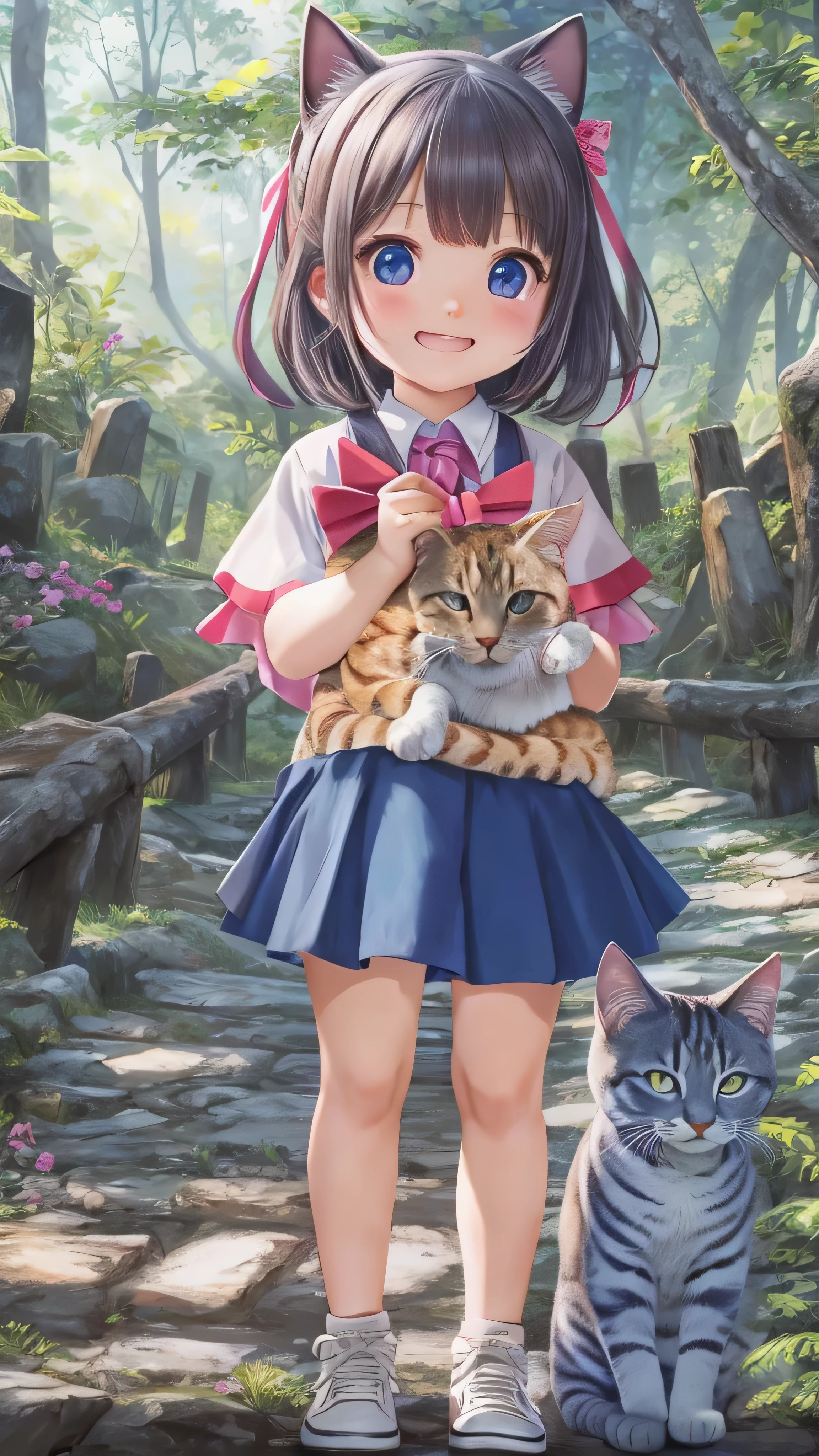 (Masterpiece, best quality , Details), Alone, Hiking Trails , Journey with striped cats, Aside, cat o nature, a girl and a cat , sakurajima mai, red tie, pink shirt, BLUE SKIRT, 顔の Details, hair clips, cat fur decoration , a girl with a cat smiles and looks at the camera。