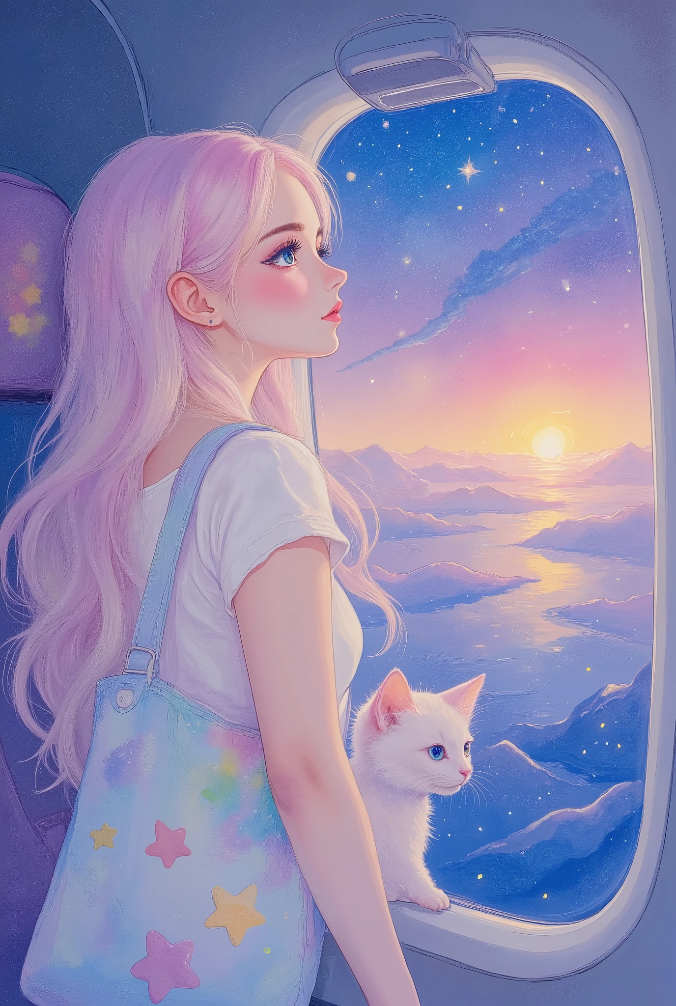 A woman traveling and admiring the beautiful night view, a cute kitten peeking out from the tote bag hanging from her shoulder