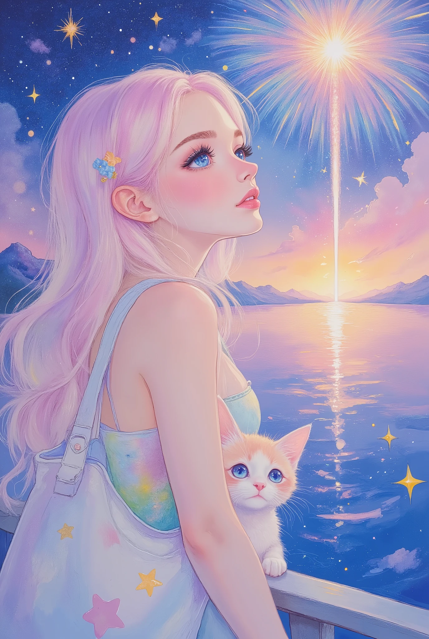 A woman traveling and admiring the beautiful firework, a cute kitten peeking out from the tote bag hanging from her shoulder