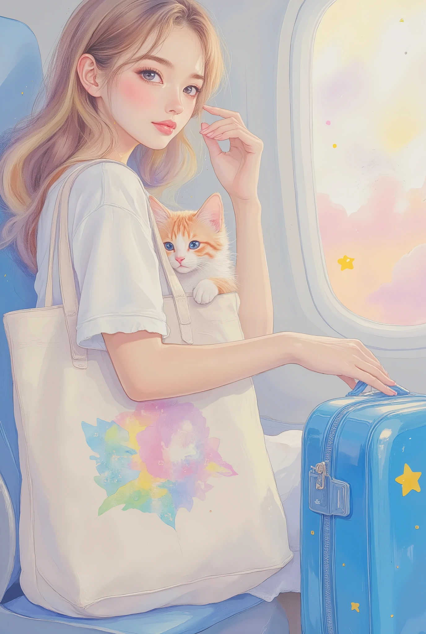 A woman traveling, a cute kitten peeking out from the tote bag hanging from her shoulder