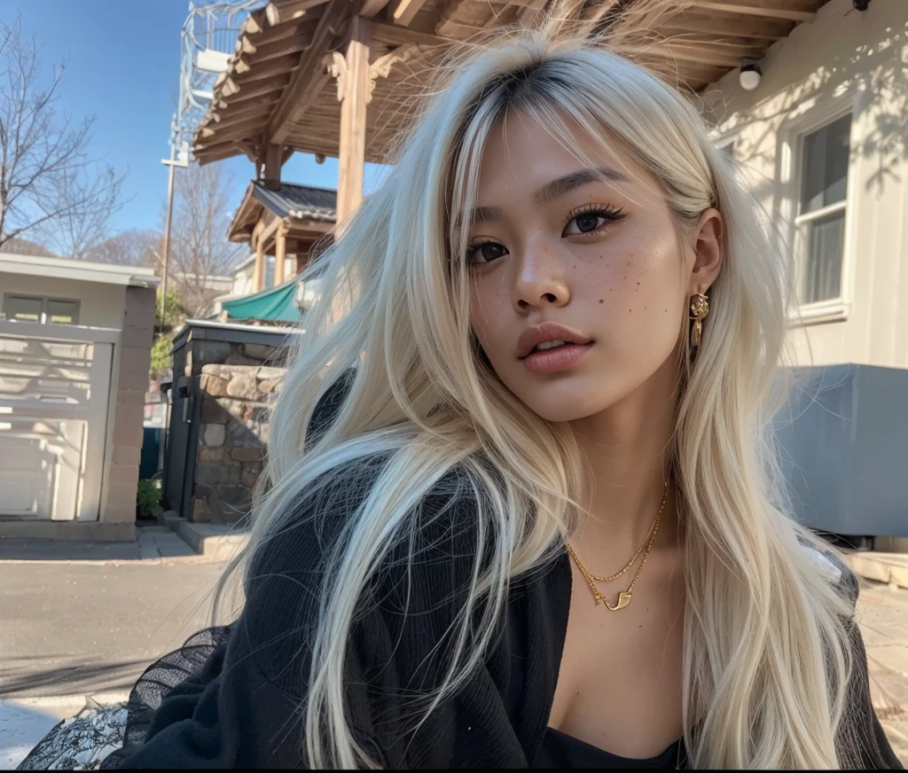 a young Asian woman, 20 years old, black blouse, long platinum hair, black eyes, full lips, light makeup, highly detailed facial features, freckles, fair skin, sensual and delicate features, , Necklace Golden, piercing golden nose, big  (best quality, 4k, 8k, high resolution , fine art print: 1.2), ultra-detailed, (realistic, photorealistic, photorealistic: 1.37), portrait, natural lighting, warm color tones