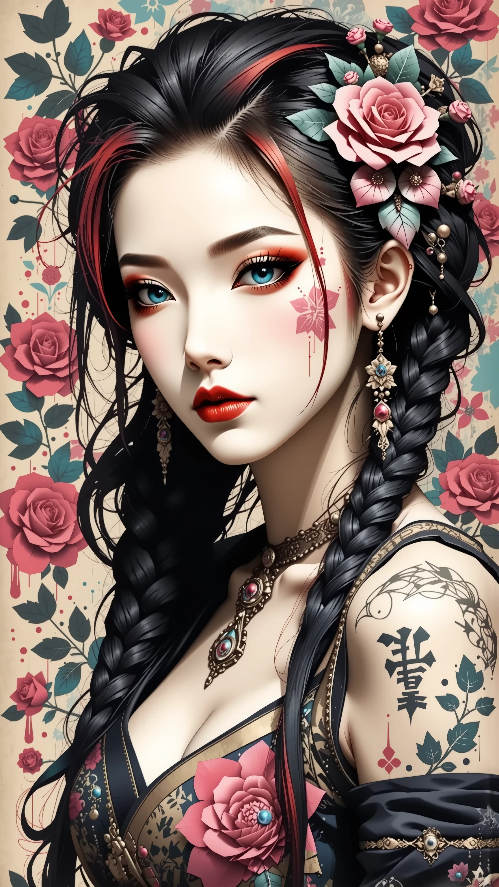 Japanese girl, long black hair, braids, red highlights, sexy, Red hair, dress, beautiful, anime, tattoo, face portrait, close up, big beautiful detailed eyes, ulzzang, art nouveau, candy, sweets, tattoo background pattern, tapestry,