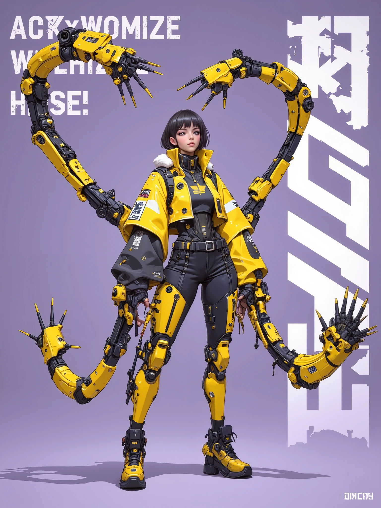 designs a futuristic cyberpunk character , The costume includes a turtleneck jacket 。 with complex joints and luminous details , creates a vibrant high-tech beauty 。 she wears An armored suit combining yellow and black , The character's posture is bold and dynamic , The back extends with multiple robotic arms 。 highlights the experimental nature of her armor ,With white plush decoration ,, perfect combination of style and function 。 with short dark hair and bright green eyes , The design highlights the robotic arm and streamlined leg armor 。 The background is soft purple , x} with minimalistic graphic design elements , includes English and Chinese fonts , The character is a confident woman 。 The lighting highlights the shiny metallic texture and bright yellow color of the armor, 。