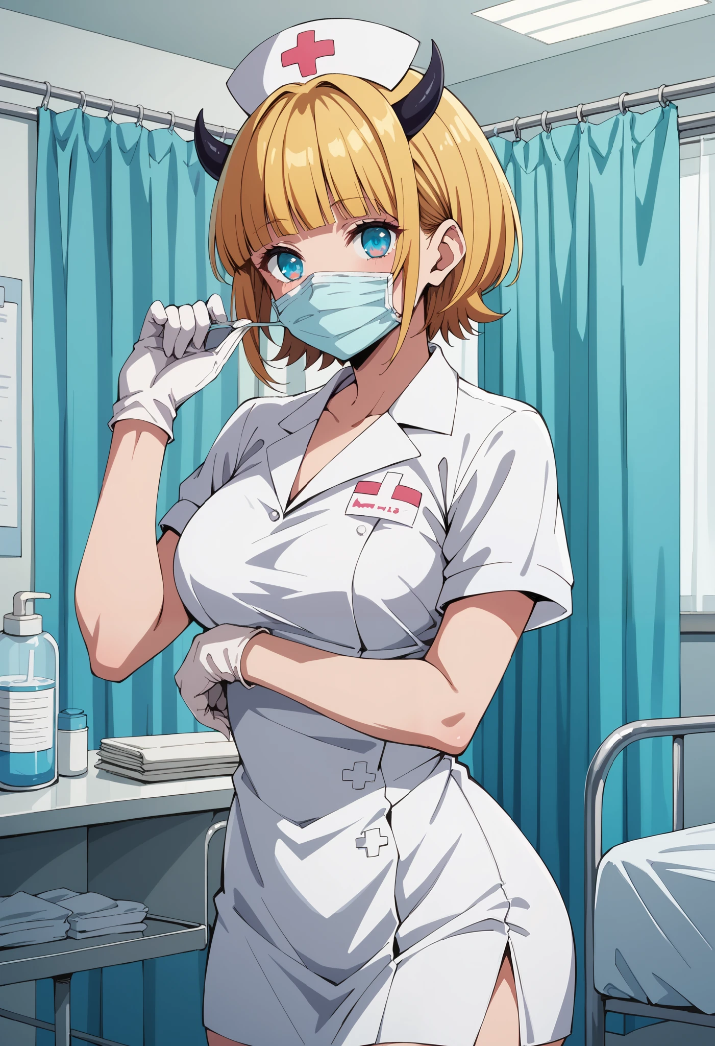 Score_9, score_8_up, score_7_up, source_anime, memcho, blonde hair, blue eyes, blunt bangs, demon horns, fake horns, horns, short hair, (best quality), (high quality), {masterpiece}, extremely delicate and beautiful, ultra-detailed, beautiful detailed eyes, nurse, nurse hat, ((white nurse's outfit)), white gloves, white legwear, zettai ryouiki, hospital room, ((white surgical mask, covered nose)), standing