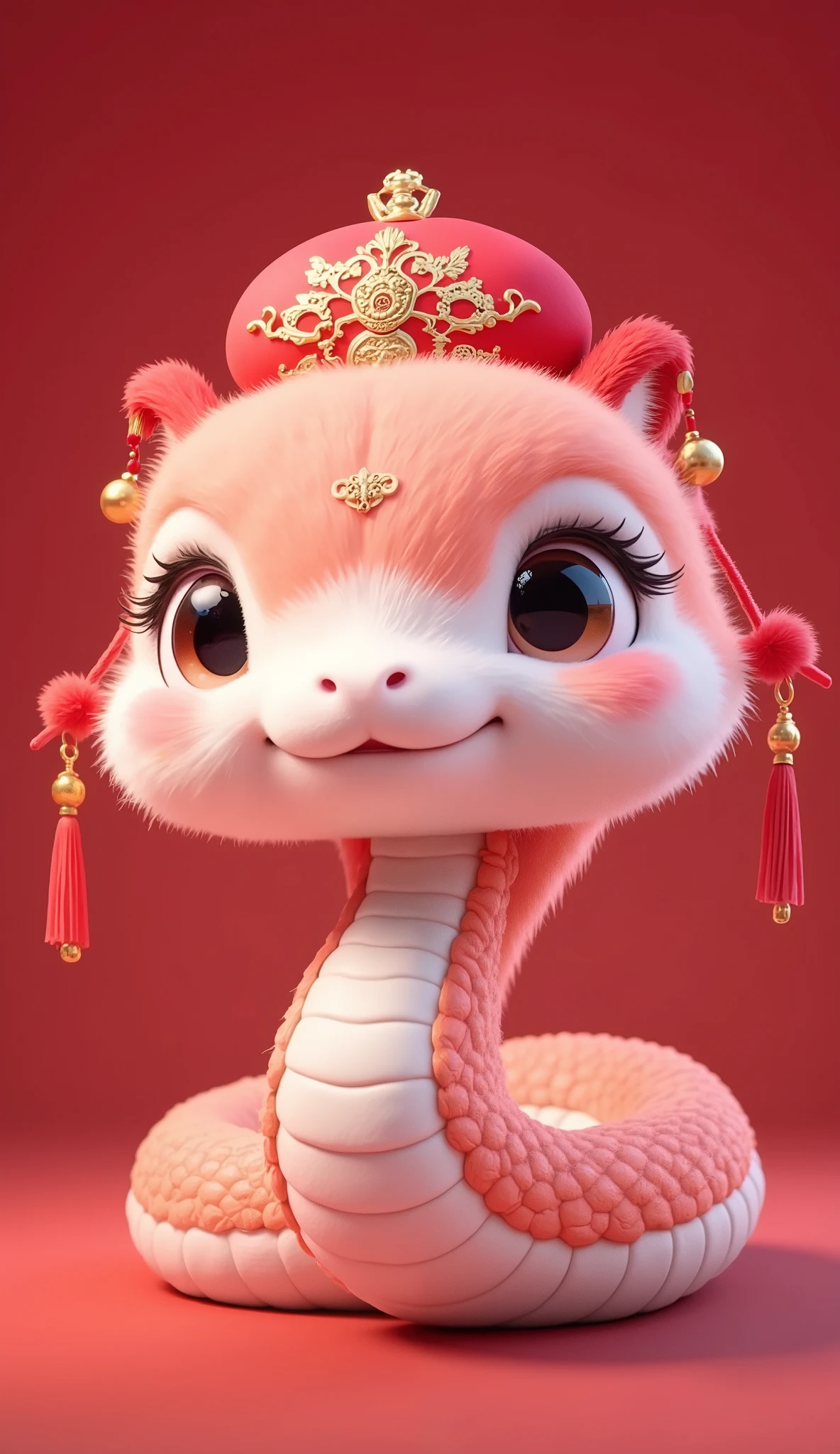 A cute cartoon snake, chibi style, small and round body, soft and smooth scales, white belly, pink skin, long and slender tail, no legs, no ears, no fur, no hair, big and adorable eyes, small teeth, blushing cheeks, wearing a red Chinese-style cotton hat with golden decorations and tassels, festive and traditional Chinese design, New Year theme, red background, clean and soft lighting, highly detailed, 3D render, perfectly symmetrical, cute expression, kawaii style, snake-like appearance, non-dragon
