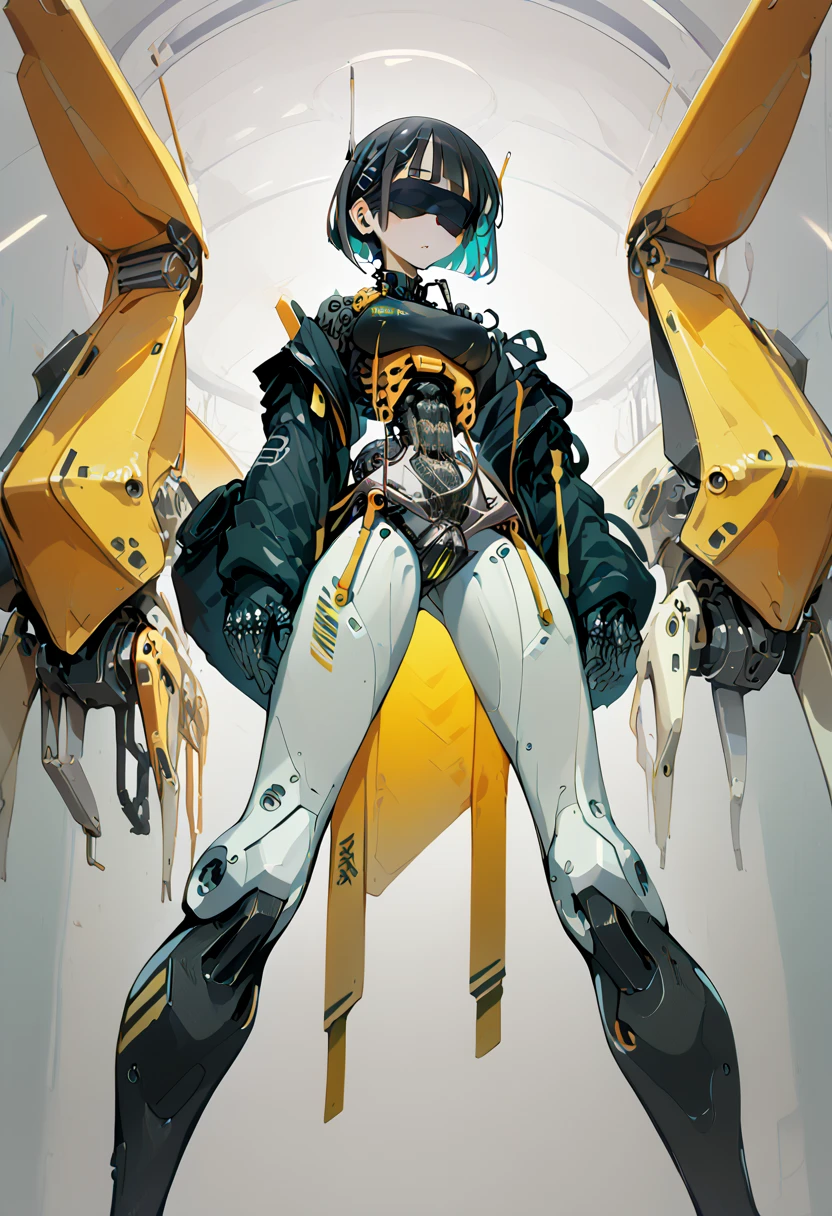 safe for work, girl captured by a large robot as a biological unit, open leg , spread her arms, bend your knees, rim rest ,genital, combat robot ,Yellow Aircraft ,orange fuse rage,Blue-green light,Integration with machines,Mechanical blindfold,Not free,Hands and feet are integrated with the robot ., Large weapons,mechanical boobs ,Mechanical Pussy,mechanical nipple ,Belly button,suguha,Fleshy Stomach , Fleshy Thighs