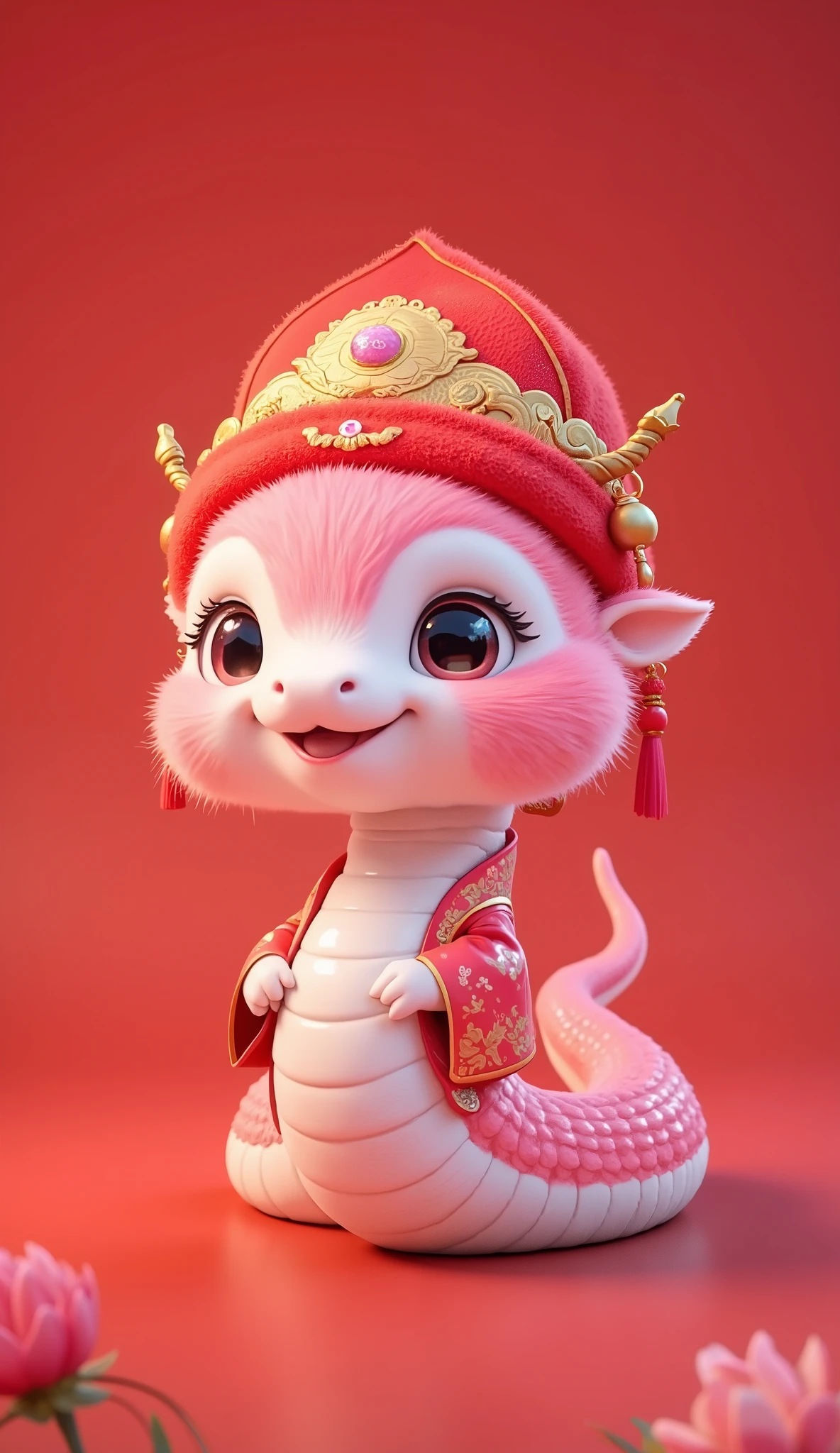 A cute cartoon snake, chibi style, small and round body, soft and smooth scales, white belly, pink skin, long and slender tail, no legs, no ears, no fur, no hair, big and adorable eyes, small teeth, blushing cheeks, wearing a red Chinese-style cotton hat with golden decorations and tassels, festive and traditional Chinese design, New Year theme, red background, clean and soft lighting, highly detailed, 3D render, perfectly symmetrical, cute expression, kawaii style, snake-like appearance, non-dragon