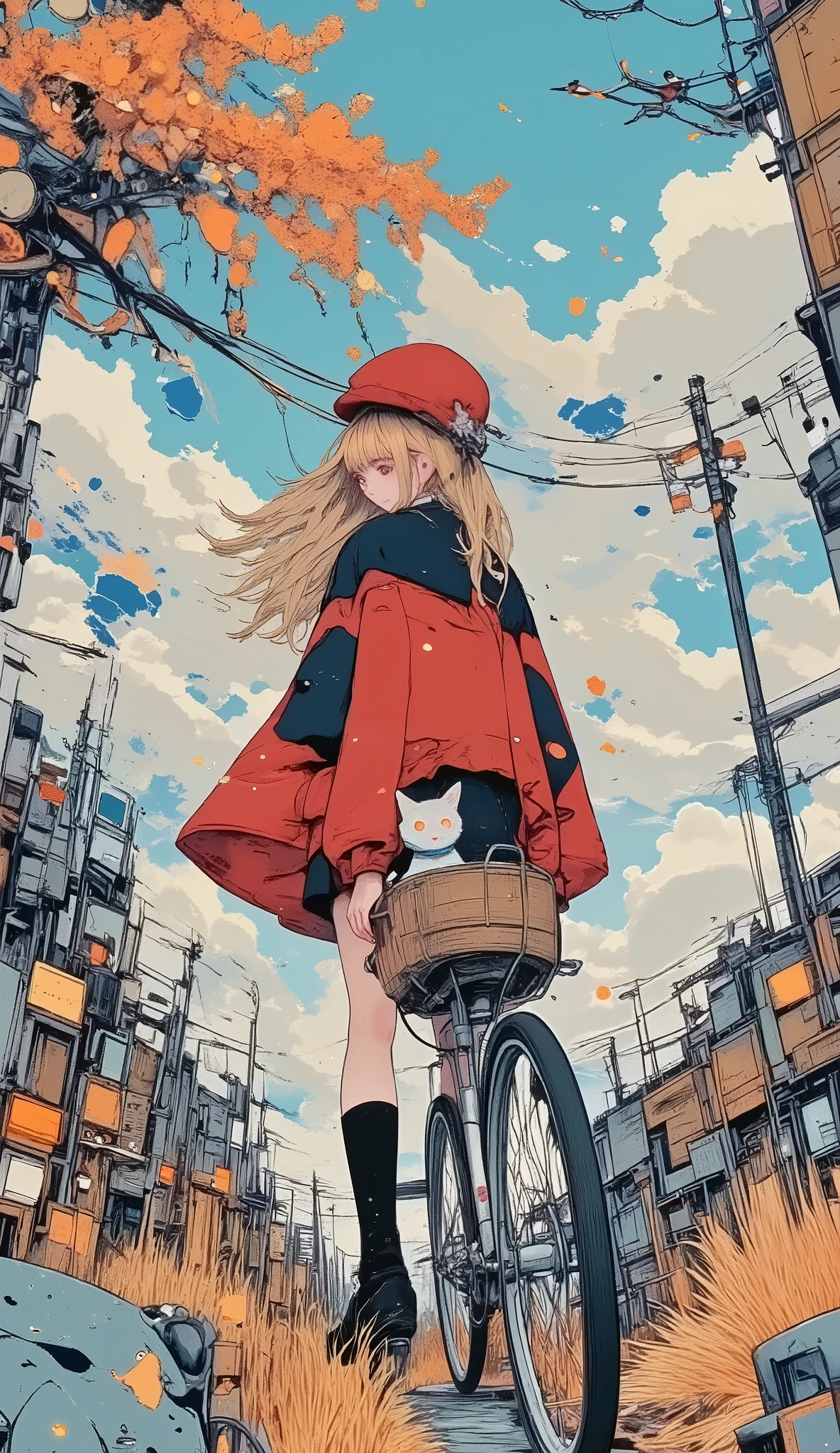  Anatomically Correct  , My Journey with a Cat ,  Beautiful full body girl  ,  riding a bicycle with a basket and a cat inside the basket:1.5, ((Manga style:1.51)), Linear  ,  she is half profile  , warm clothing, long black boots,  it's cold he wears a scarf and hat , The cat in the basket ,  wears a scarf and rests his legs on the edge of the basket  ,  fluttering in the wind  , red wool hat  ,  red and black jacket that falls on her shoulders  ,  field background at dusk  ,  it's autumn leaves of trees flying in the wind  , Going down a hill,  an anime drawing by Masamune Shirow  ,  dynamic and sensual pose  ,  trend in pixiv , Furry art, Danganronpa digital art,  anime style ,  anime style ”, Blonde anime girl with long hair ,  High Quality Anime Art Style ,  ranked among the best in pixiv  ,  beautiful high school anime girl  , obra de arte de  anime style ,  anime illustration trend 