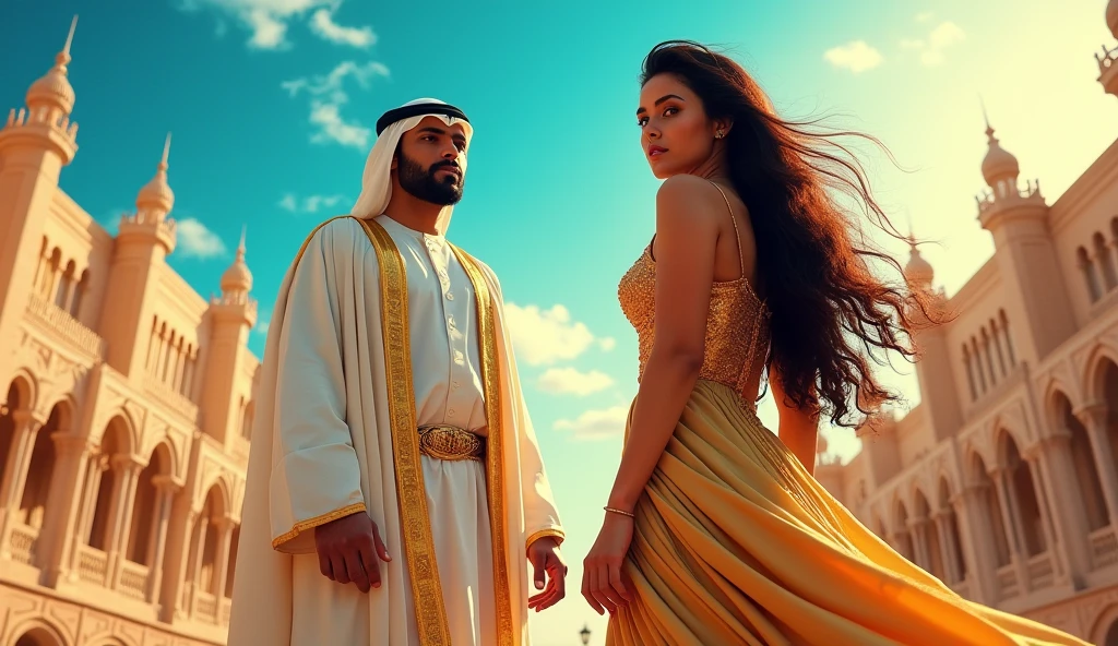 A beautiful Belly dancer hair with a handsome Arab man in desert 