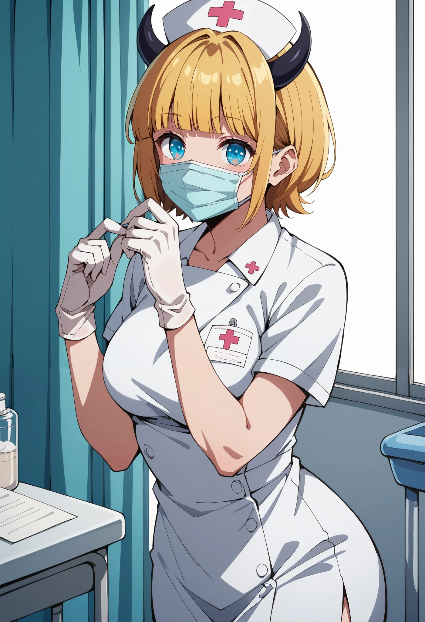 Score_9, score_8_up, score_7_up, source_anime, memcho, blonde hair, blue eyes, blunt bangs, demon horns, fake horns, horns, short hair, (best quality), (high quality), {masterpiece}, extremely delicate and beautiful, ultra-detailed, beautiful detailed eyes, nurse, nurse hat, ((white nurse's outfit)), white gloves, white legwear, zettai ryouiki, hospital room, ((white surgical mask, covered nose)), standing