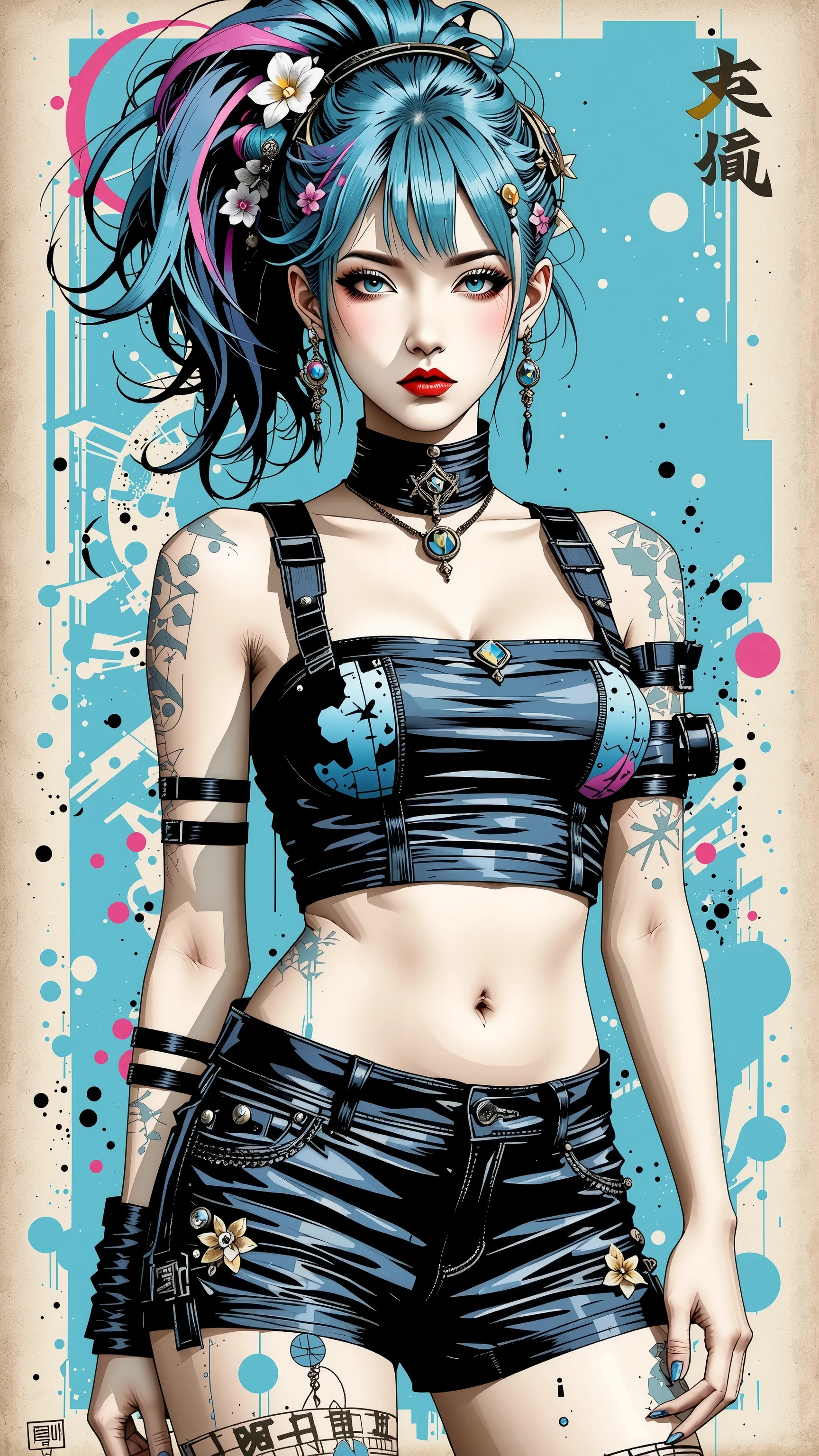 style of joemadureira (nvinkpunk:1.3) (snthwve style:1.4) award winning half body portrait of a woman in a croptop and cargo pants with ombre navy blue teal hairstyle with head in motion and hair flying, paint splashes, splatter, outrun, vaporware, shaded flat illustration, digital art, trending on artstation, highly detailed, fine detail, intricate