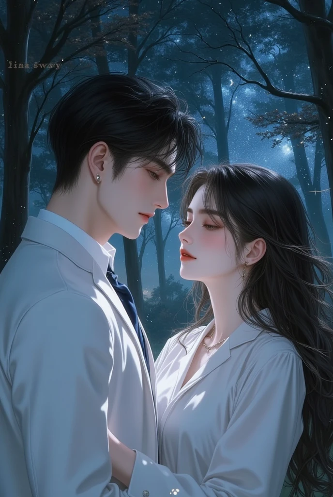 (absurdres, high resolution , Detailed Details), (1 man, alone, adult , ความเป็น adult , Aging , tall man , Broad shoulders, handsome), Wavy black hair, Brown Eyes , (Square Jaw, wordlessly, Thick eyebrows ), Break, Forest, Fantasy, , very detailed face, upper body, Pump, Masterpiece, high resolution พิเศษ , realistic drawing , Raw images, 1 girl, 1 young man, White suit, glowing skin, Sweet smile ,Virtual reality、 measurements、 high resolution สุด、 Picture 、รูปของคู่รักที่ beautiful อย่างประณีต、 Amazingly beautiful girl 、 highlights, cheekbones Look, there's sparkle 、ใบหน้าน่ารักและ beautiful อย่างละเอียด 、 beautiful 、 shiny white skin 、 cheekbones between eyes 、ผมเงางามและ beautiful 、Soft and smooth hair、My hair is thinner.、ดวงตา high resolution 、 beautiful , Bright and clear , , big round eyes, charming sparkle 、 eyeliner 、Double eyelids、 full body like 、Red blush、 Small necklace and earrings that look like a whimper , Glossy lips, Starry sky, galaxy, shooting star,couple,landscape, Surreal, milky Way, nebula, girl, boy tall, romantic, love, Phil dreams ,black hair