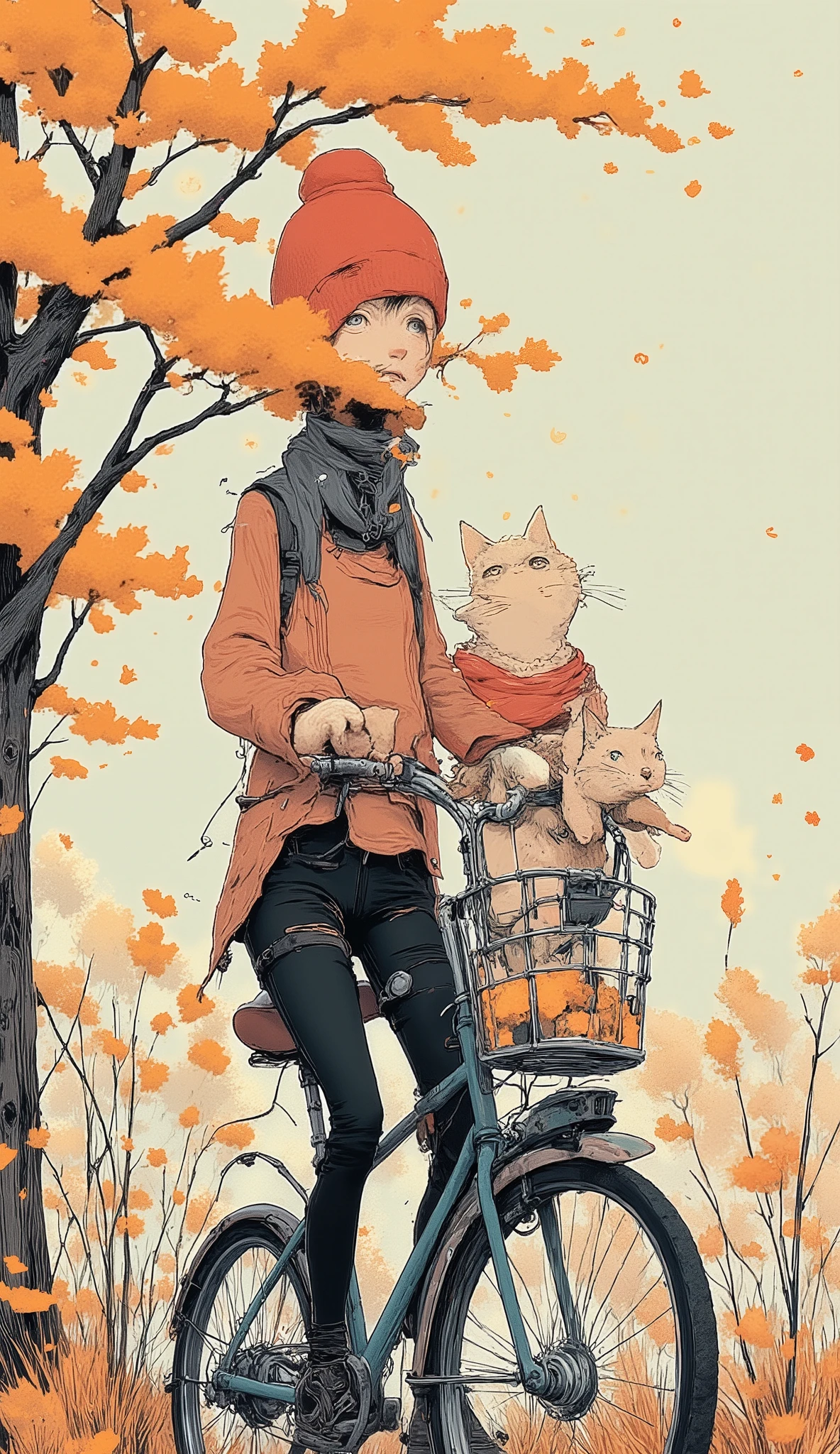  Anatomically correct  , My Journey with a Cat ,  Beautiful full body girl  ,  riding a bicycle with a basket and a cat inside the basket:1.5, ((Manga style:1.51)), Linear  ,  she is half profile  , warm clothing, long black boots,  it's cold he wears a scarf and hat , The cat in the basket ,  wears a scarf and rests his legs on the edge of the basket  ,  fluttering in the wind  , red wool hat  ,  red and black jacket that falls on her shoulders  ,  field background at dusk  ,  it's autumn leaves of trees flying in the wind  , Going down a hill,  an anime drawing by Masamune Shirow  ,  dynamic and sensual pose  ,  trend in pixiv , Furry art, Danganronpa digital art,  anime style ,  anime style ”, Blonde anime girl with long hair ,  High Quality Anime Art Style ,  ranked among the best in pixiv  ,  beautiful high school anime girl  , obra de arte de  anime style ,  anime illustration trend 