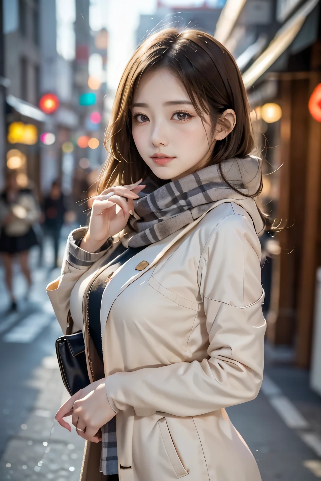 masterpiece,best quality, ultra highres,8k,16k,delicate photography, sharp line, sharp focus, (perfect anatomy:1.5), RAW photo, resolution,realistic,ultra detailed,sharp focus,RAW photo,白,蒼,黒,UHD,
BREAK,
27years old,beautiful Japanese lady,
beauty hair,color contact eyes,gal makeup,long lashes,Eyeliner,large breasts,
A beautiful Japanese woman wearing a baggy jaket coat and a checked scarf is walking through the city in winter. Her breath is white. She seems to be enjoying herself.
BREAK,
Photo style,fullbody,golden ratio,Fibonacci spiral composition,