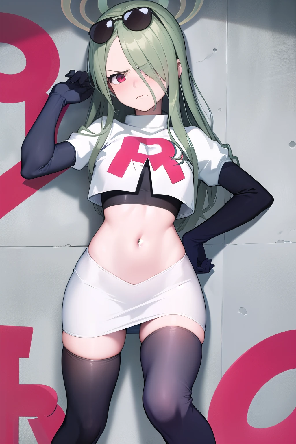 (masterpiece:1.3), (absurdres:1.3), (best quality:1.3), (ultra-detailed:1.3), 1girl, looking at viewer, minaid, halo, hair over one eyes, masterpiece, best quality, flayn, hair ornaments, furrowed brow, annoyed, team rocket,team rocket uniform,white skirt,red letter R,crop top,black thigh-highs,black elbow gloves