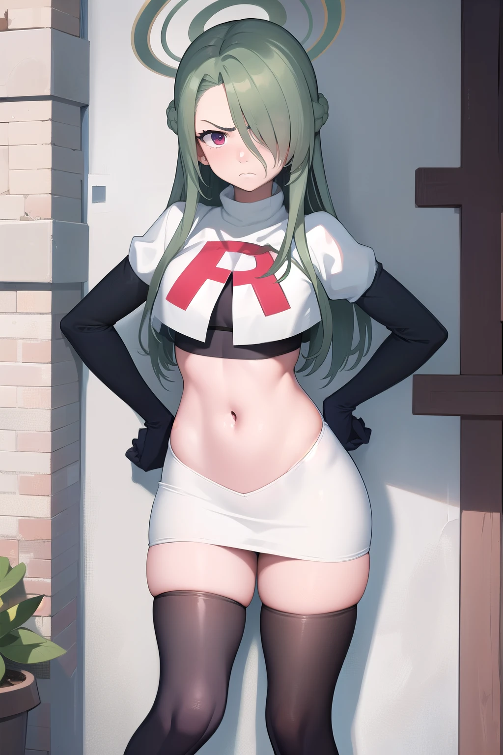 (masterpiece:1.3), (absurdres:1.3), (best quality:1.3), (ultra-detailed:1.3), 1girl, looking at viewer, minaid, halo, hair over one eyes, masterpiece, best quality, flayn, hair ornaments, furrowed brow, annoyed, team rocket,team rocket uniform,white skirt,red letter R,crop top,black thigh-highs,black elbow gloves