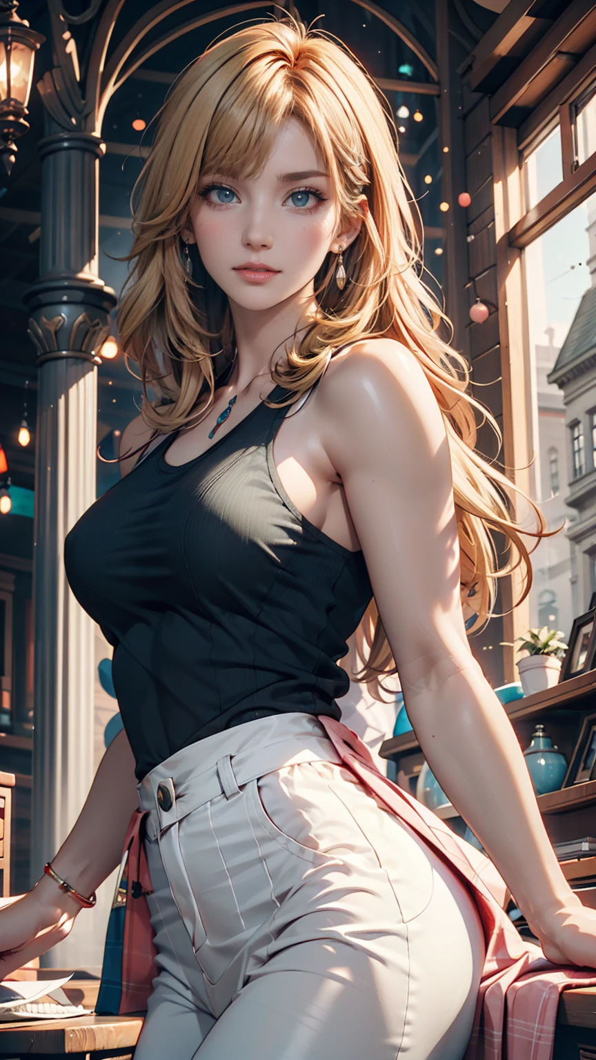(8K, RAW Photos, Highest quality, masterpiece:1.2), (Realistic, photo-Realistic:1.37)、Earrings, eyelash, pantyhose、セクシーな的なsmile、 (Shiny skin:1.05)、Venus Body、Having her hair done、 chest is popping out、Wear accessories on your wrist、Wearing accessories on the ankle、Background blur((depth of field)、smile、White women、Platinum Blonde、blue eyes、Twin tails((twintails))、Wear a logo-printed top、Lower milk visible、I can see my belly button、Wear low rise hot pants、Wear sneakers、