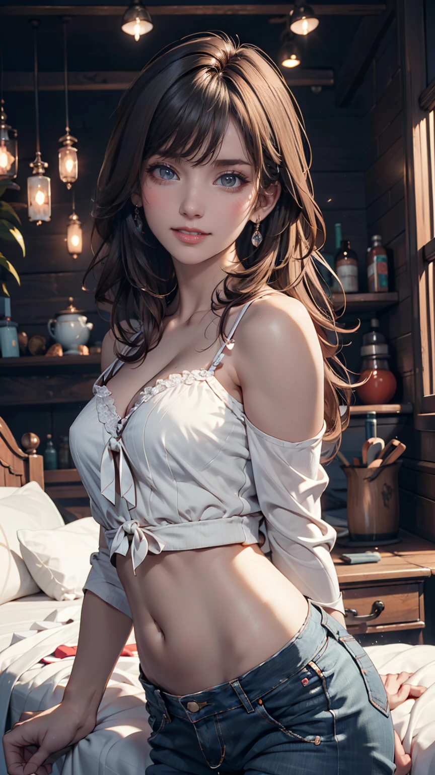 24-year-old woman、Sexy proportions、Narrow waist、slender、Sexy、A high-necked top with lace decoration and short sleeves on one arm、Navel visible、Low rise hot pants、Touching your hair