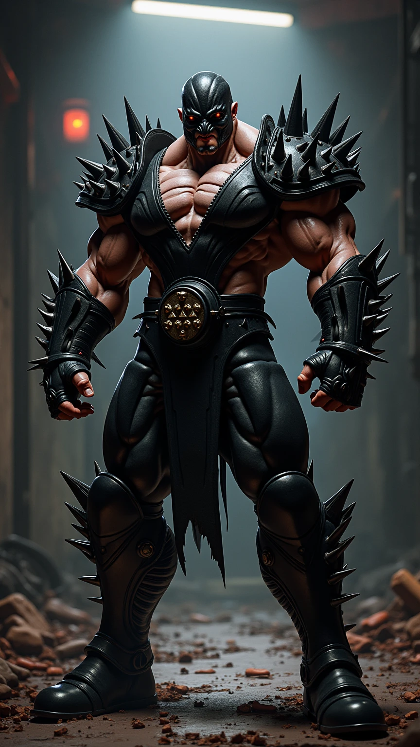 a monster, muscular, body covered in thorns, eyes with purple light and furious, destroying a wall with one punch. High resolution, sharpness, novel graphics. No defects, two arms and 2 legs.