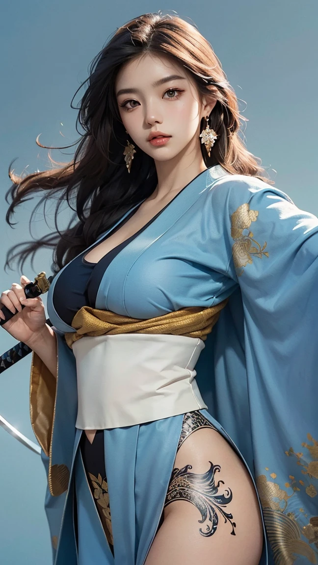 ((Large breasts)),Hyperrealistic,4K,35mm,Fashion,Photography,magazine photoshoot,ultra-high-details, (art abstrait:1.4), Professional lighting, 巨作, Best quality, ultra-high-resolution, Beautiful, Visually stunning, (1girl huge large breasts:1.3), (dark blue theme:1.2), Light gray background, Deep blue, Cowboy shot,girl,swordsmen,Chinese style,Hanfu,Tang Feng,Red:1.9,skin,wearing skirt,emma,shidudou