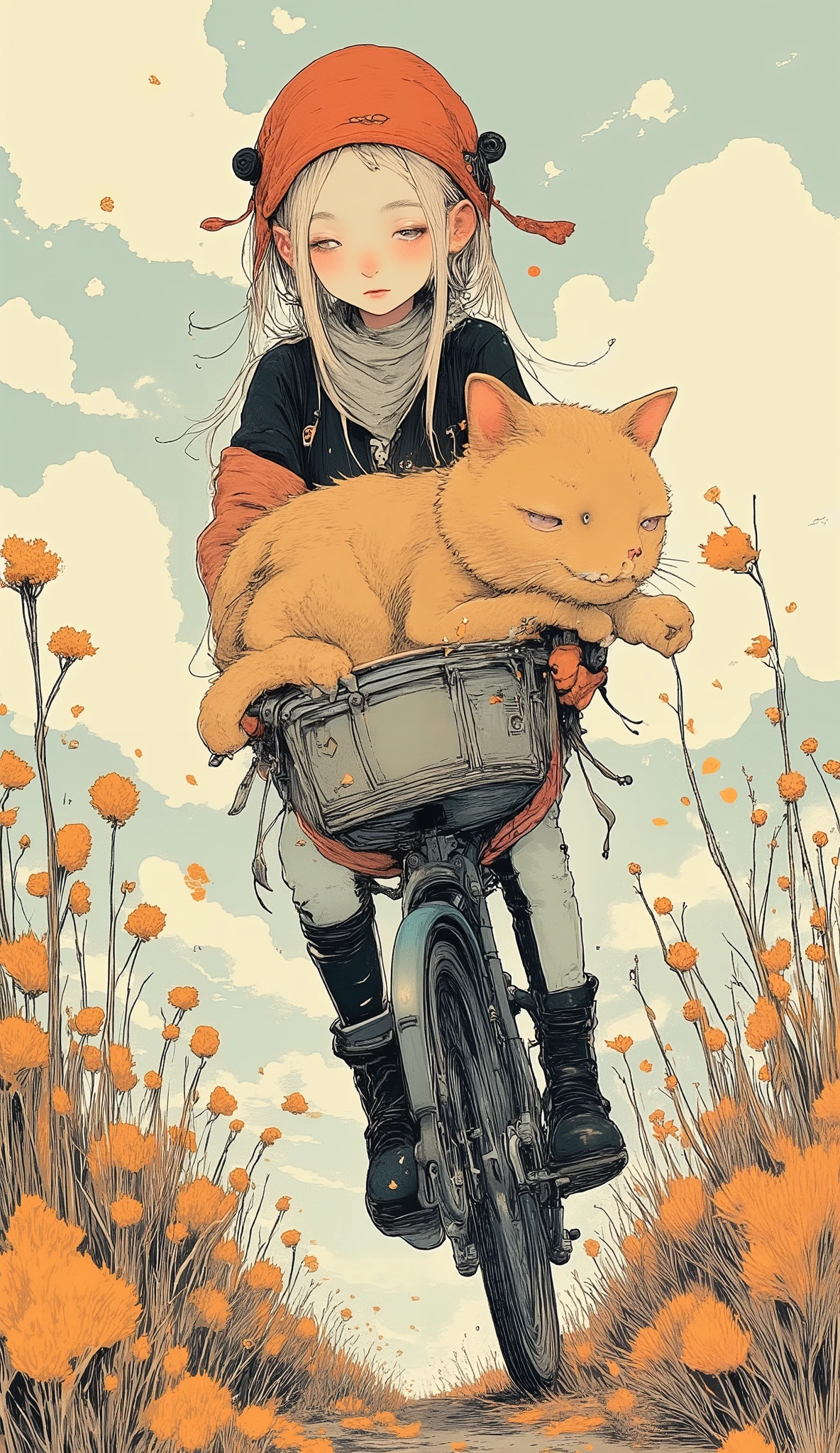 Anatomically correct , My Journey with a Cat , Beautiful full body girl , riding a bicycle with a basket and a cat inside the basket:1.5, ((Manga style:1.51)), Linear , she is half profile , warm clothing, long black boots, it's cold he wears a scarf and hat , The cat in the basket , wears a scarf and rests his legs on the edge of the basket , fluttering in the wind , red wool hat , red and black jacket that falls on her shoulders , field background at dusk , it's autumn leaves of trees flying in the wind , Going down a hill, an anime drawing by Masamune Shirow , dynamic and sensual pose , trend in pixiv , Furry art, Danganronpa digital art, anime style , anime style ”, Blonde anime girl with long hair , High Quality Anime Art Style , ranked among the best in pixiv , beautiful high school anime girl , obra de arte de anime style , anime illustration trend