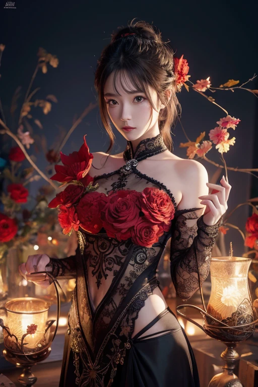 (best quality, masterpiece:1.3), (illustration:1.15), (!symbolism art:1.2), [(a beautiful girl, face, neck, slim waist, legs:0.081) | | a beautiful rose, stem, thorns, roots:1.87] , trending on devianart, ( ambiguity:1.2), (mystery:1.2), red color palate, (balette pose:1.2), artistic, awe inspiring