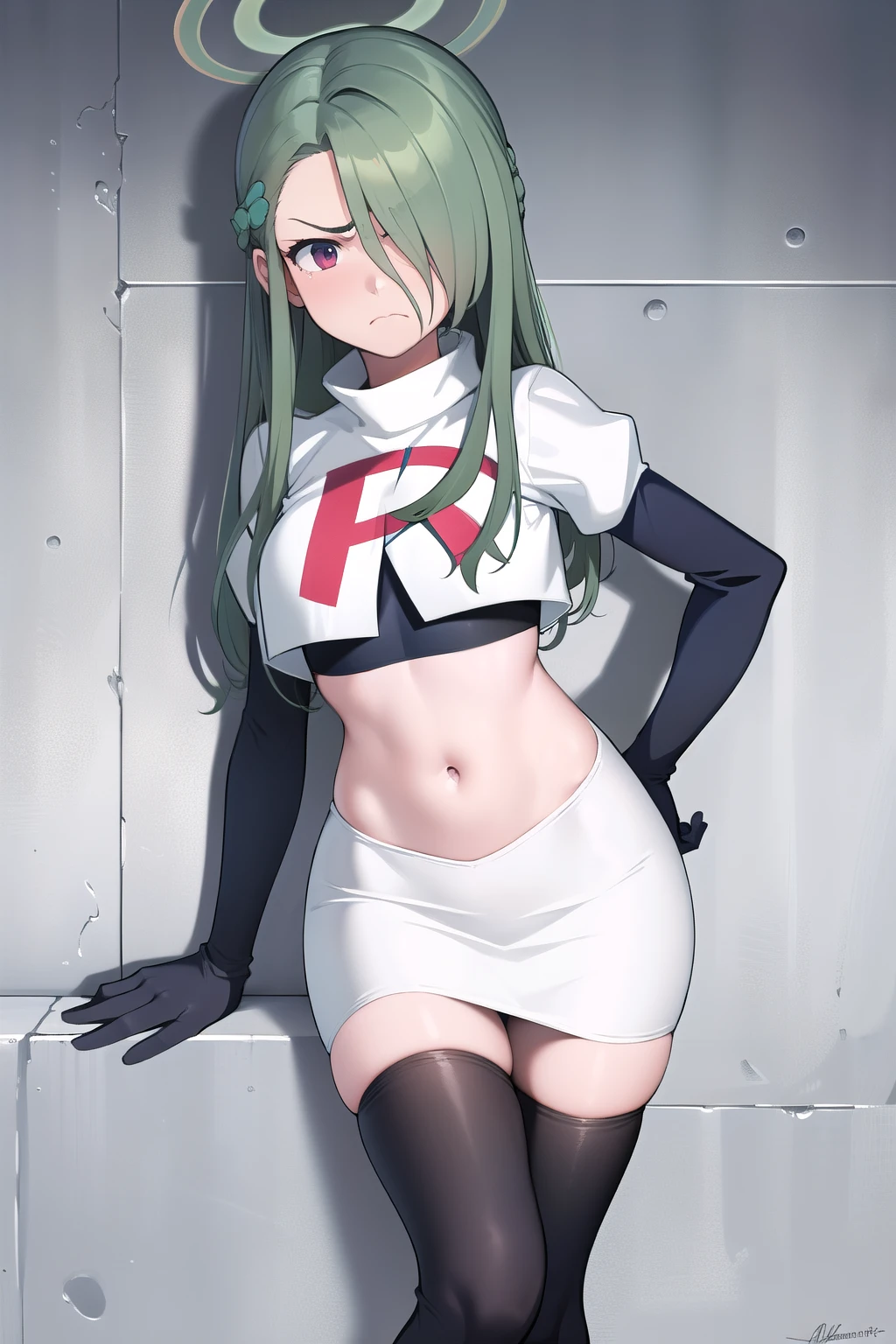 (masterpiece:1.3), (absurdres:1.3), (best quality:1.3), (ultra-detailed:1.3), 1girl, looking at viewer, minaid, halo, hair over one eyes, masterpiece, best quality, flayn, hair ornaments, furrowed brow, annoyed, team rocket,team rocket uniform,white skirt,red letter R,crop top,black thigh-highs,black elbow gloves