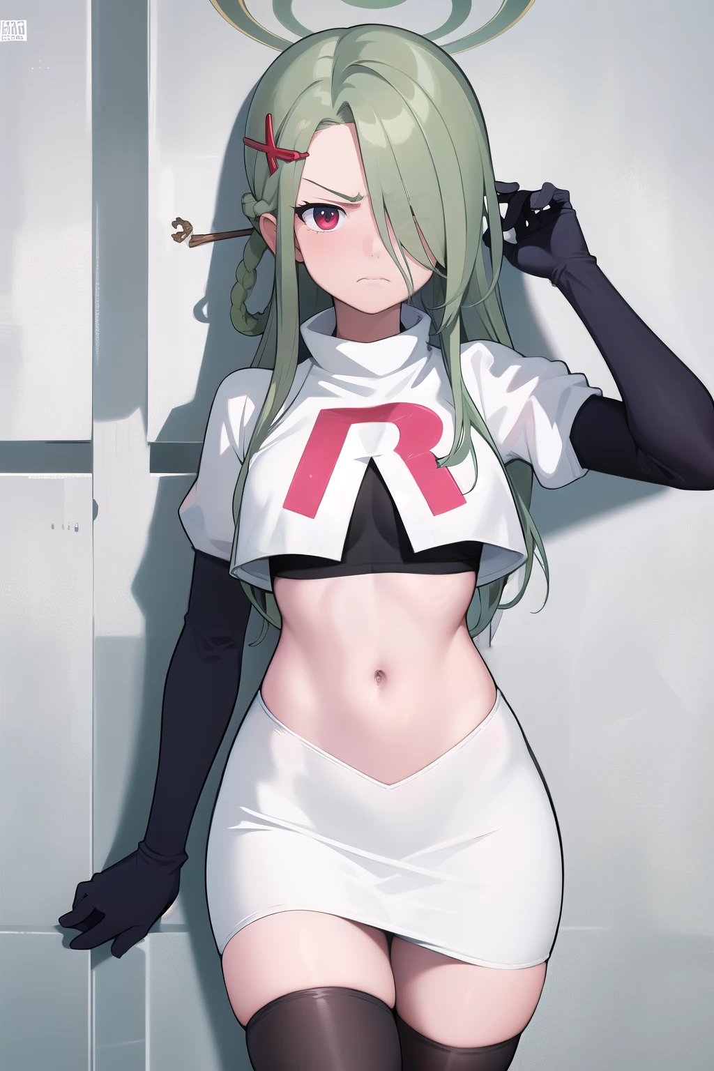 (masterpiece:1.3), (absurdres:1.3), (best quality:1.3), (ultra-detailed:1.3), 1girl, looking at viewer, minaid, halo, hair over one eyes, masterpiece, best quality, flayn, hair ornaments, furrowed brow, annoyed, team rocket,team rocket uniform,white skirt,red letter R,crop top,black thigh-highs,black elbow gloves