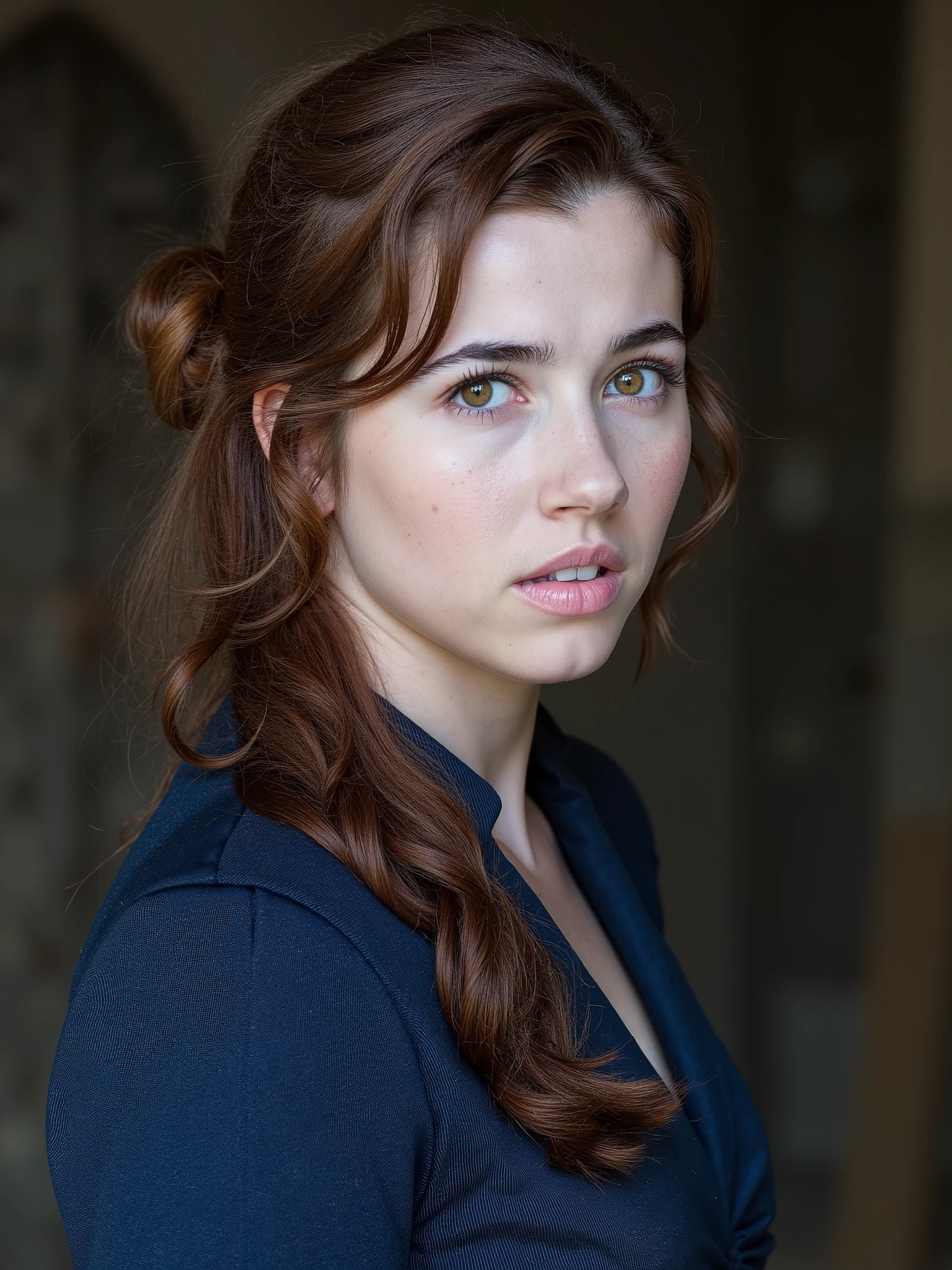 This is a high-resolution photograph of a young woman with a distinctively vintage, game of thrones house baratheon. She has a fair complexion, brown and copper color long hair with straight, chestnut brown hair. hair bun and ponytail . She wears dark blue and silver colour game of thrones outfit. Her expression is neutral,
The lighting is even and natural, highlighting the details of her skin and long hair. The overall style of the photograph is reminiscent of classic black-and-white film photography, with a focus on the subject's face and attire, emphasizing the retro fashion and vintage charm of the image. Game of thrones universe ,