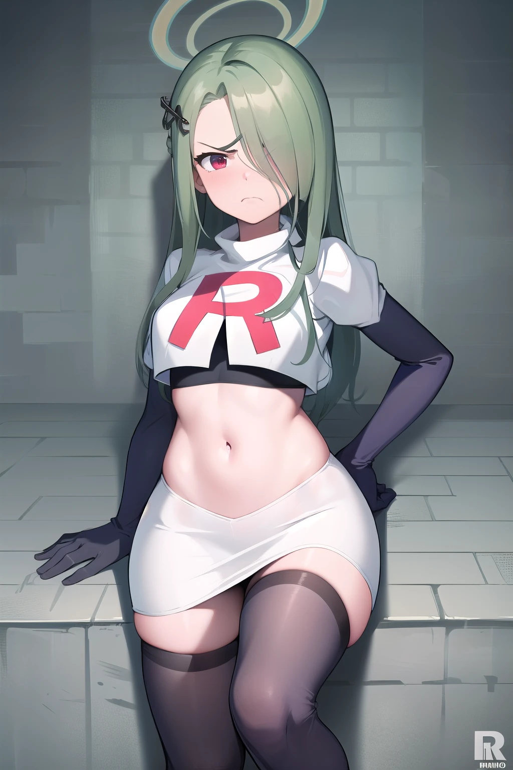 (masterpiece:1.3), (absurdres:1.3), (best quality:1.3), (ultra-detailed:1.3), 1girl, looking at viewer, minaid, halo, hair over one eyes, masterpiece, best quality, flayn, hair ornaments, furrowed brow, annoyed, team rocket,team rocket uniform,white skirt,red letter R,crop top,black thigh-highs,black elbow gloves
