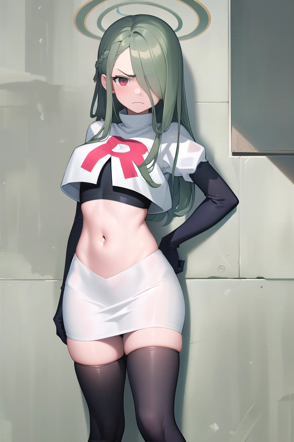 (masterpiece:1.3), (absurdres:1.3), (best quality:1.3), (ultra-detailed:1.3), 1girl, looking at viewer, minaid, halo, hair over one eyes, masterpiece, best quality, flayn, hair ornaments, furrowed brow, annoyed, team rocket,team rocket uniform,white skirt,red letter R,crop top,black thigh-highs,black elbow gloves