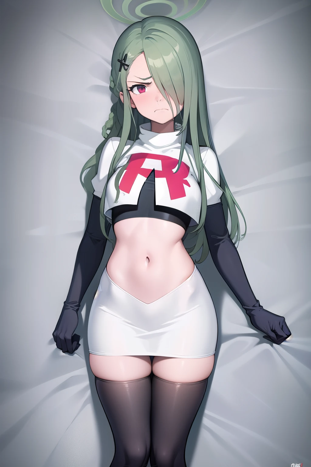 (masterpiece:1.3), (absurdres:1.3), (best quality:1.3), (ultra-detailed:1.3), 1girl, looking at viewer, minaid, halo, hair over one eyes, masterpiece, best quality, flayn, hair ornaments, furrowed brow, annoyed, team rocket,team rocket uniform,white skirt,red letter R,crop top,black thigh-highs,black elbow gloves