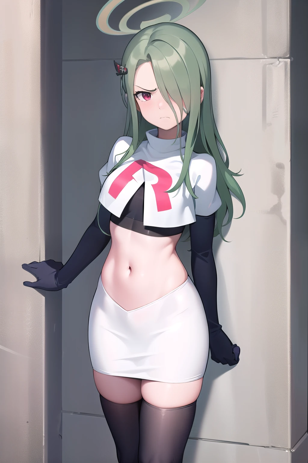 (masterpiece:1.3), (absurdres:1.3), (best quality:1.3), (ultra-detailed:1.3), 1girl, looking at viewer, minaid, halo, hair over one eyes, masterpiece, best quality, flayn, hair ornaments, furrowed brow, annoyed, team rocket,team rocket uniform,white skirt,red letter R,crop top,black thigh-highs,black elbow gloves