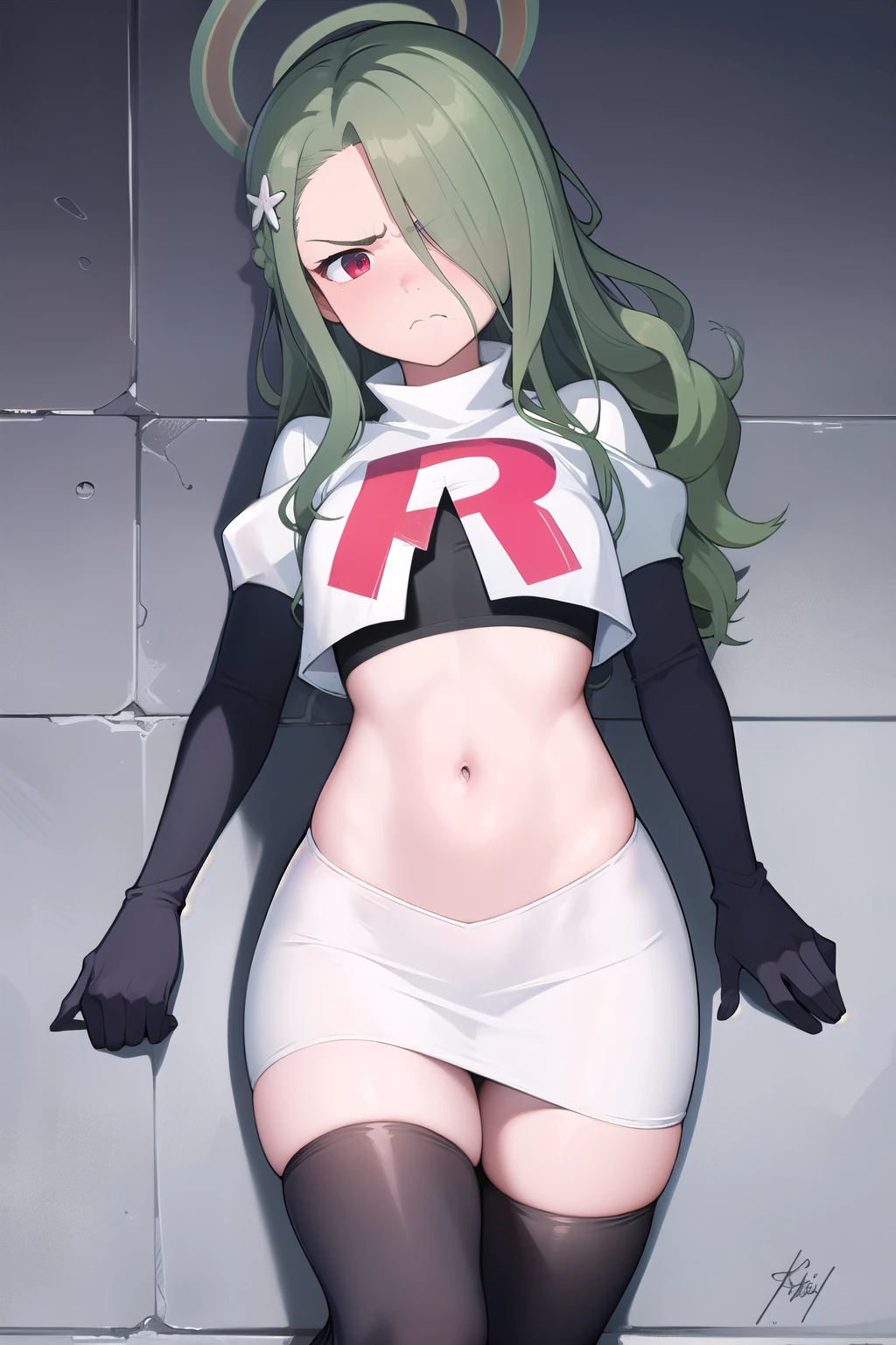 (masterpiece:1.3), (absurdres:1.3), (best quality:1.3), (ultra-detailed:1.3), 1girl, looking at viewer, minaid, halo, hair over one eyes, masterpiece, best quality, flayn, hair ornaments, furrowed brow, annoyed, team rocket,team rocket uniform,white skirt,red letter R,crop top,black thigh-highs,black elbow gloves