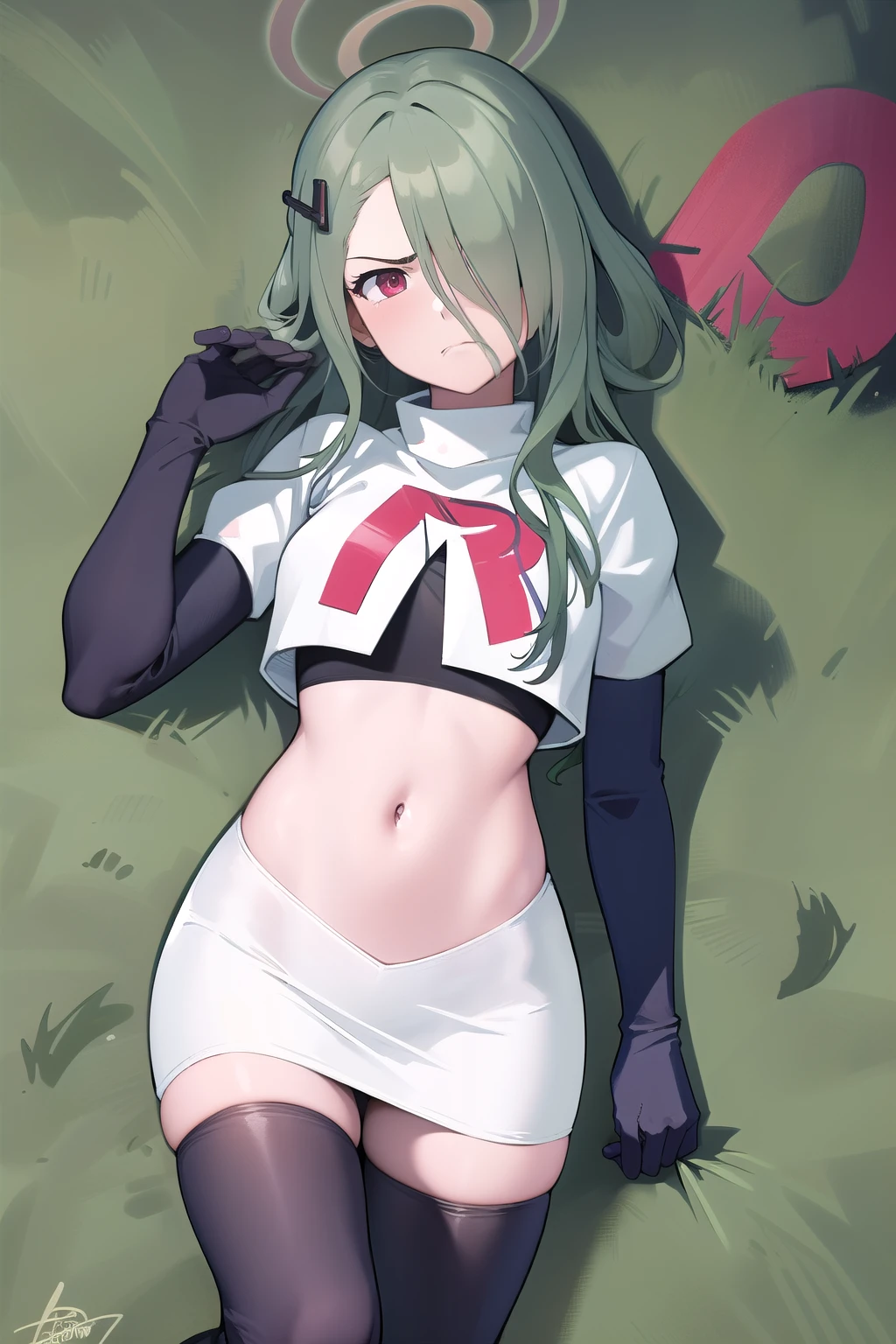 (masterpiece:1.3), (absurdres:1.3), (best quality:1.3), (ultra-detailed:1.3), 1girl, looking at viewer, minaid, halo, hair over one eyes, masterpiece, best quality, flayn, hair ornaments, furrowed brow, annoyed, team rocket,team rocket uniform,white skirt,red letter R,crop top,black thigh-highs,black elbow gloves