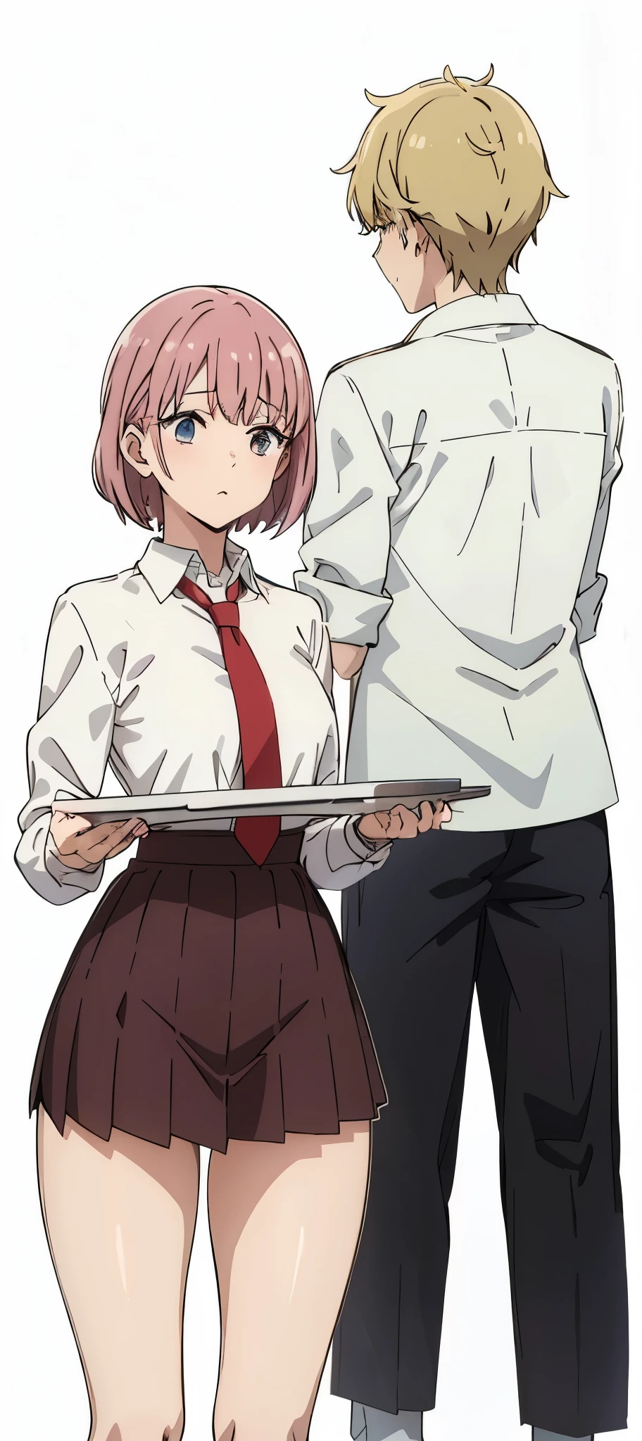 anime school girl, holding tray, wearing white shirt , red tie, black skirt, school hall, looking at boy, boy back view , school 