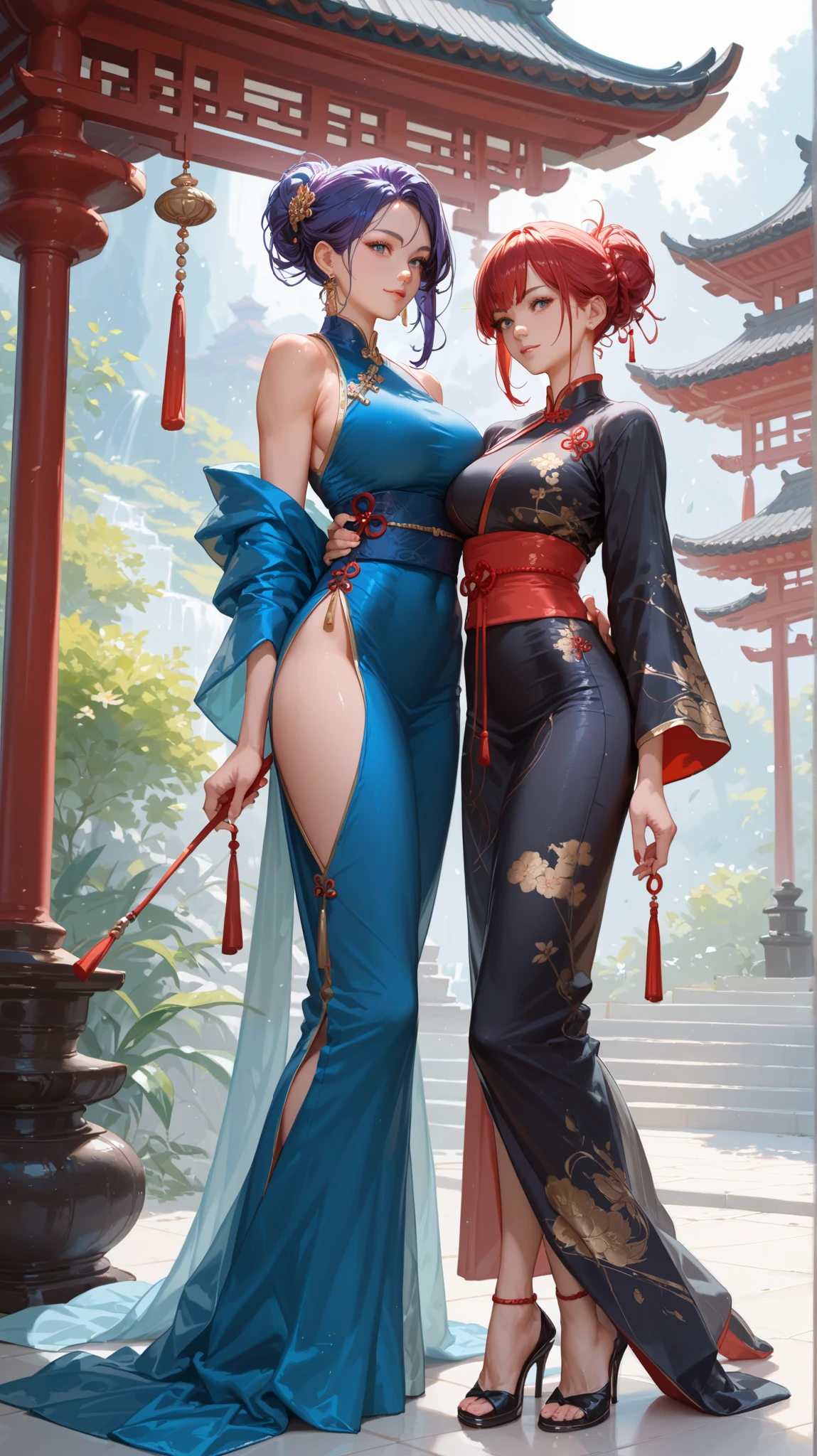 Four beautiful women with beautiful athletic full bodies, one with purple hair , another with blue hair , another with red hair and the other with black Chinese hair , wearing Rap clothes