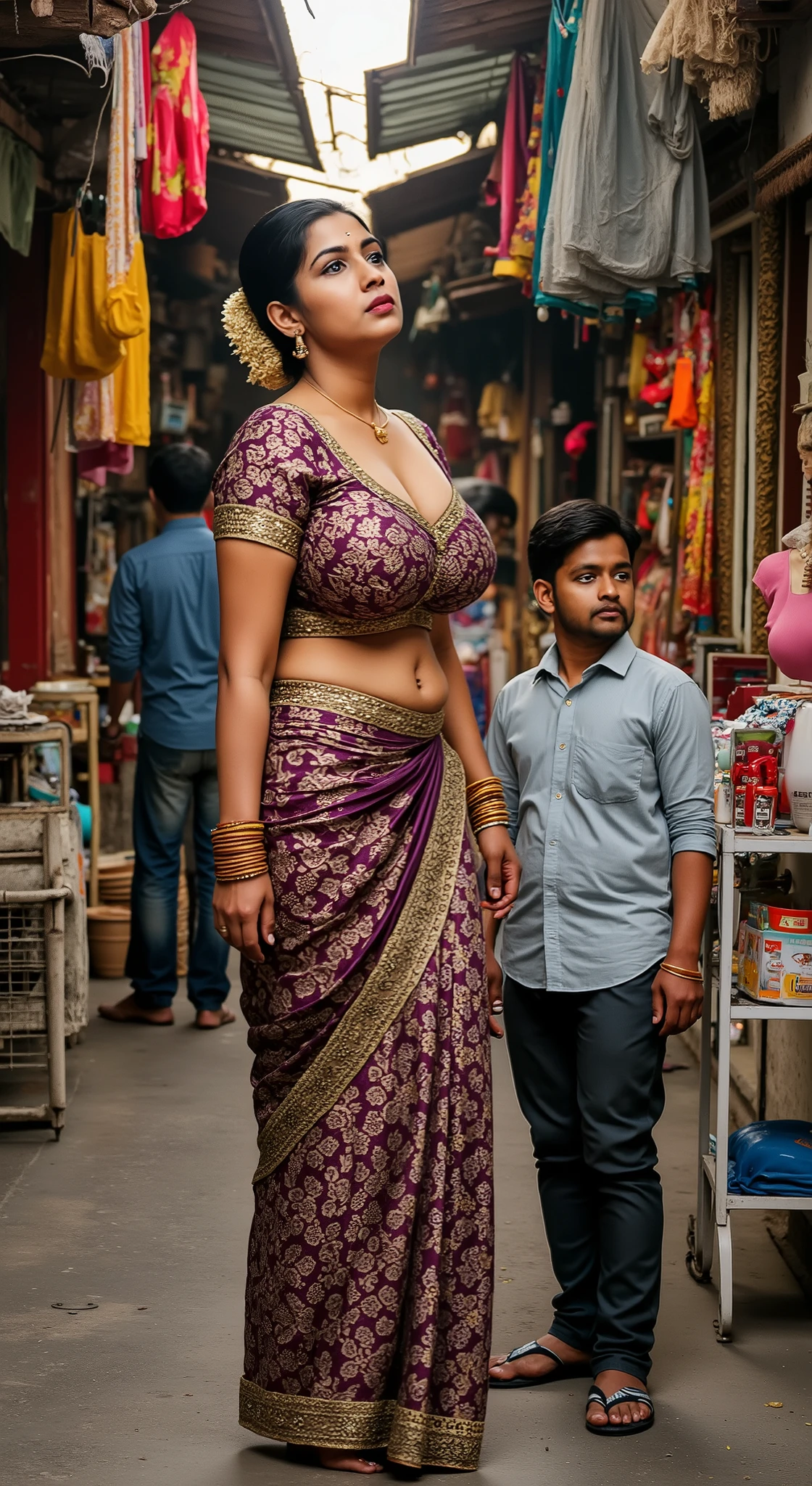 Indian woman who is 2 ｍ50ｃｍAn Indian woman and a man looking up sideways 。 she's wearing a saree 、 } That sari is adorned with intricate patterns in deep purple and gold 。 she's standing in a place like a market 、 are lined with colorful fabrics and clothing all around 。 She has very big breasts and a big butt, but her waist is thin and looks like an hourglass、 men raise their heads to look up at her 。 Her curvy figure is accentuated by the sari's flowing lines。The setting of the market is 、 conveys her cultural background and sense of everyday life 。Overall impression、 the elegance and presence of women 、 the expression of respect and surprise of men 、 and the vibrant atmosphere of the market 。