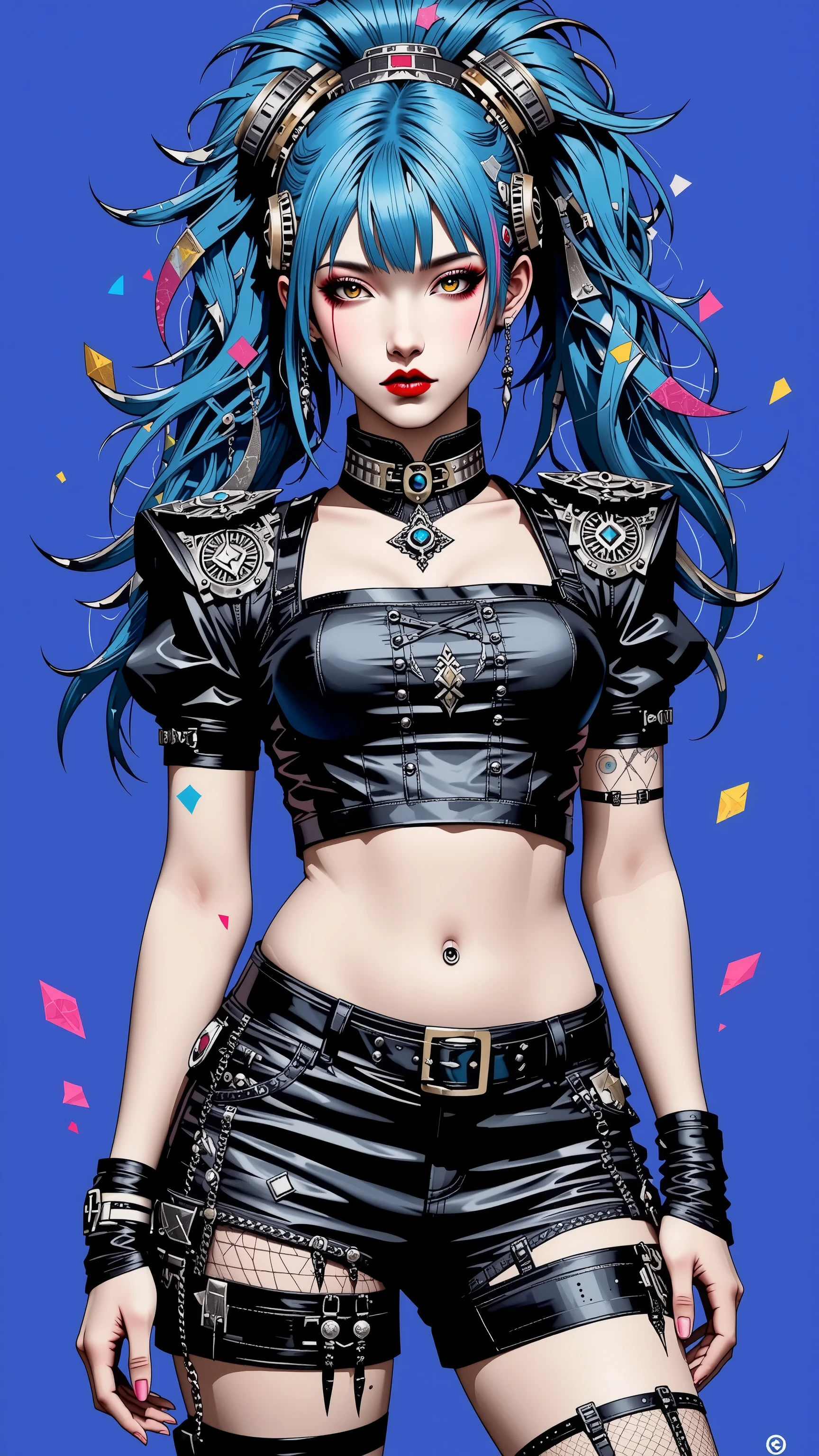 1girl,solo，Blue Background，huge breasts, crop top, short shorts, underboob, High Ponytail，Unbelievably long hair，cowboy shot,,looking at viewer，Simple style，wide angle,Dynamic Angle，(bangs_pinned_back:1.5),(head_tilt:1.7),(curvybody:1.1)，Lively posture，From the front，From below, looking at viewer, 