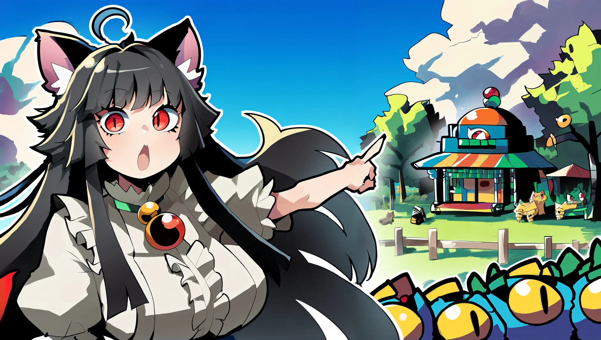 score_9, score_8_up, score_7_up, score_6_up, score_5_up, score_4_up,
soyjacks, 1girl, solo, pointing, open mouth, :o, looking at the viewer, , junkotvvxl, big breasts, ((cat girl, cat ears)) ((One multicolorido black hair, (Ahoge), straight bangs,)), long hair , ((beautiful red eyes)) sharp eye, Beautiful Skin, extremely sexy body , pretty face ,, souce_anime