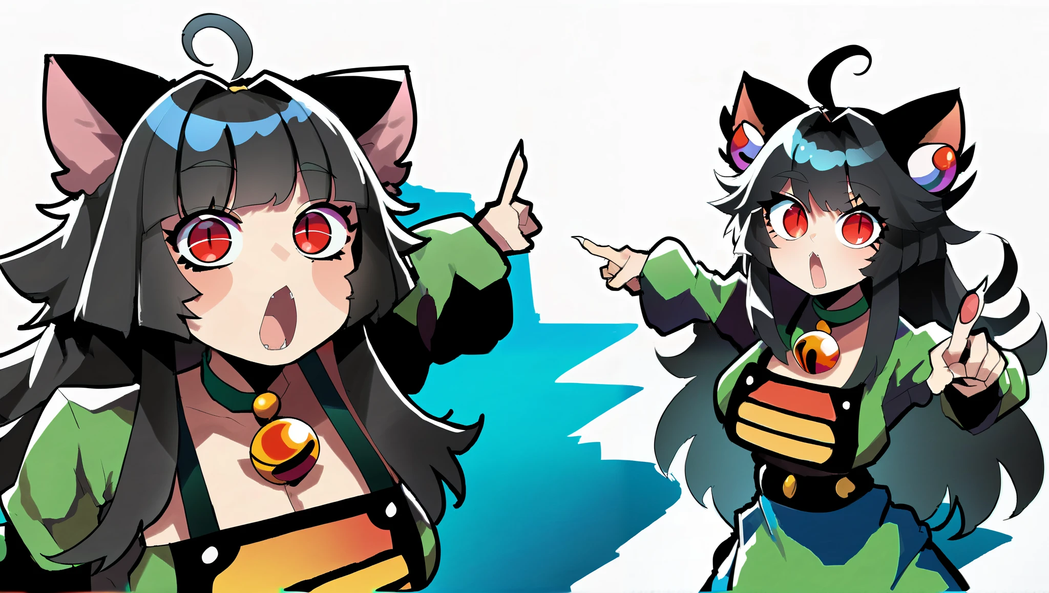 score_9, score_8_up, score_7_up, score_6_up, score_5_up, score_4_up,
soyjacks, 1girl, solo, pointing, open mouth, :o, looking at the viewer, , junkotvvxl, big breasts, ((cat girl, cat ears)) ((One multicolorido black hair, (Ahoge), straight bangs,)), long hair , ((beautiful red eyes)) sharp eye, Beautiful Skin, extremely sexy body , pretty face ,, souce_anime