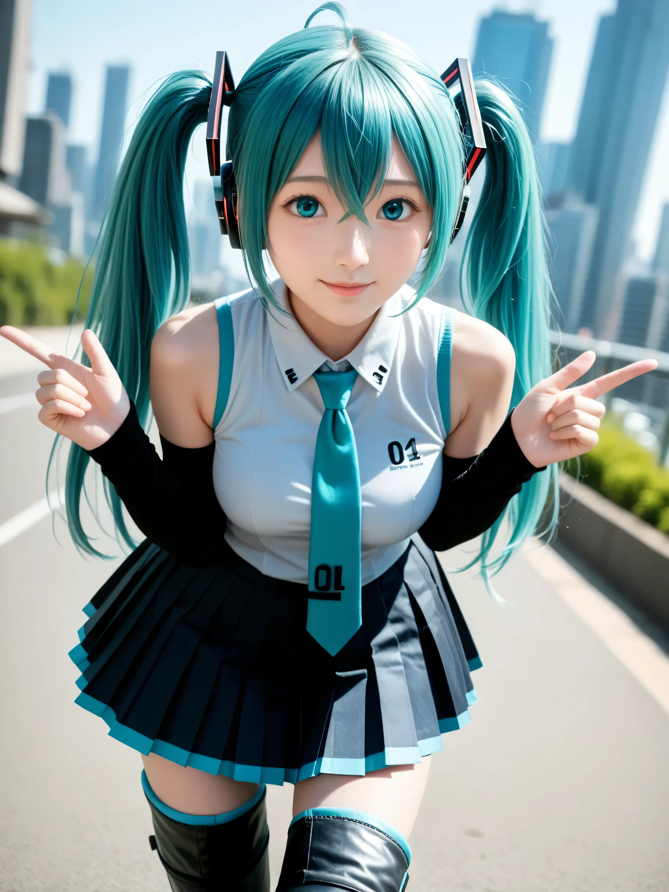 score_9, score_8_up, score_7_up, source_photo, realistic, photo, (((masterpiece, best quality))), ((((best quality, realistic, photo-realistic)))), ((((photorealistic)))), (((((19 years old))))), 1girl, mikuhatsune, miku hatsune, ahoge, ((((aqua eyes)))), ((((aqua hair)))), (((crossed bangs))), ((hair between eyes)), (((hair ornament))), headphones, long hair, ((((twintails)))), ((((mature female)))), ((((aqua necktie)))), black footwear, ((((black skirt)))), ((((black sleeves)))), boots, collared shirt, detached sleeves, grey shirt, necktie, ((((pleated skirt)))), shirt, skirt, ((((sleeveless)))), ((((sleeveless shirt)))), ((((thigh boots)))), tie clip, ((((depth of field)))), blurry background, Detailed face, ((((medium breasts)))), big breasts, ((solo)), busty, ((1girl)), beautiful breasts, beautiful ass, shiny skin, ((((sharp focus)))), perfect hands, ((((outdoors)))), excited, happy, dutch angle, cowboy shot, cute face, ((pretty sister))), ((pretty)), ((ultra-detailed)), ((an extremely delicate and beautiful)), Beautiful eyes, (((big eyes:1.5))), (((sensual vibe))), ((((feeling pleasure)))), ((((ideal body)))), ((((energetic)))), ((perfect fingers)), (((realistic:1.4))), ((((cityscape)))), (((((sexy pose))))), (((((seductive pose))))),