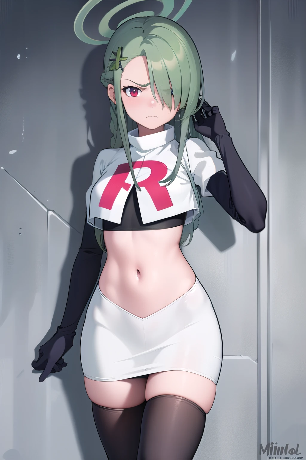 (masterpiece:1.3), (absurdres:1.3), (best quality:1.3), (ultra-detailed:1.3), 1girl, looking at viewer, minaid, halo, hair over one eyes, masterpiece, best quality, flayn, hair ornaments, furrowed brow, annoyed, team rocket,team rocket uniform,white skirt,red letter R,crop top,black thigh-highs,black elbow gloves
