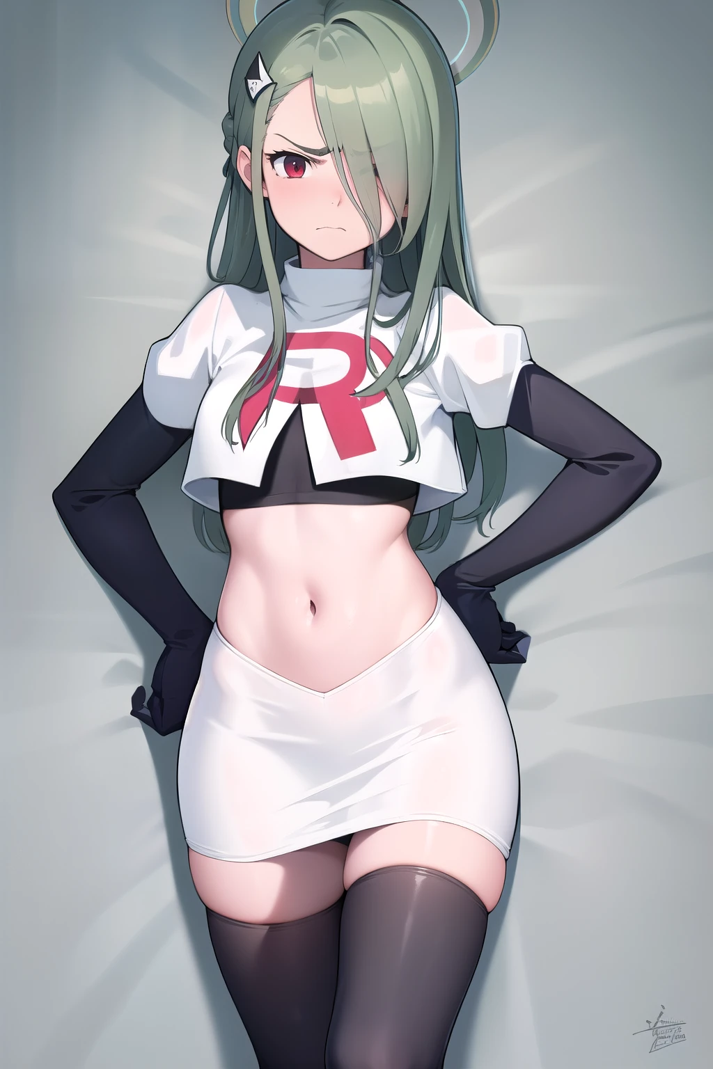 (masterpiece:1.3), (absurdres:1.3), (best quality:1.3), (ultra-detailed:1.3), 1girl, looking at viewer, minaid, halo, hair over one eyes, masterpiece, best quality, flayn, hair ornaments, furrowed brow, annoyed, team rocket,team rocket uniform,white skirt,red letter R,crop top,black thigh-highs,black elbow gloves