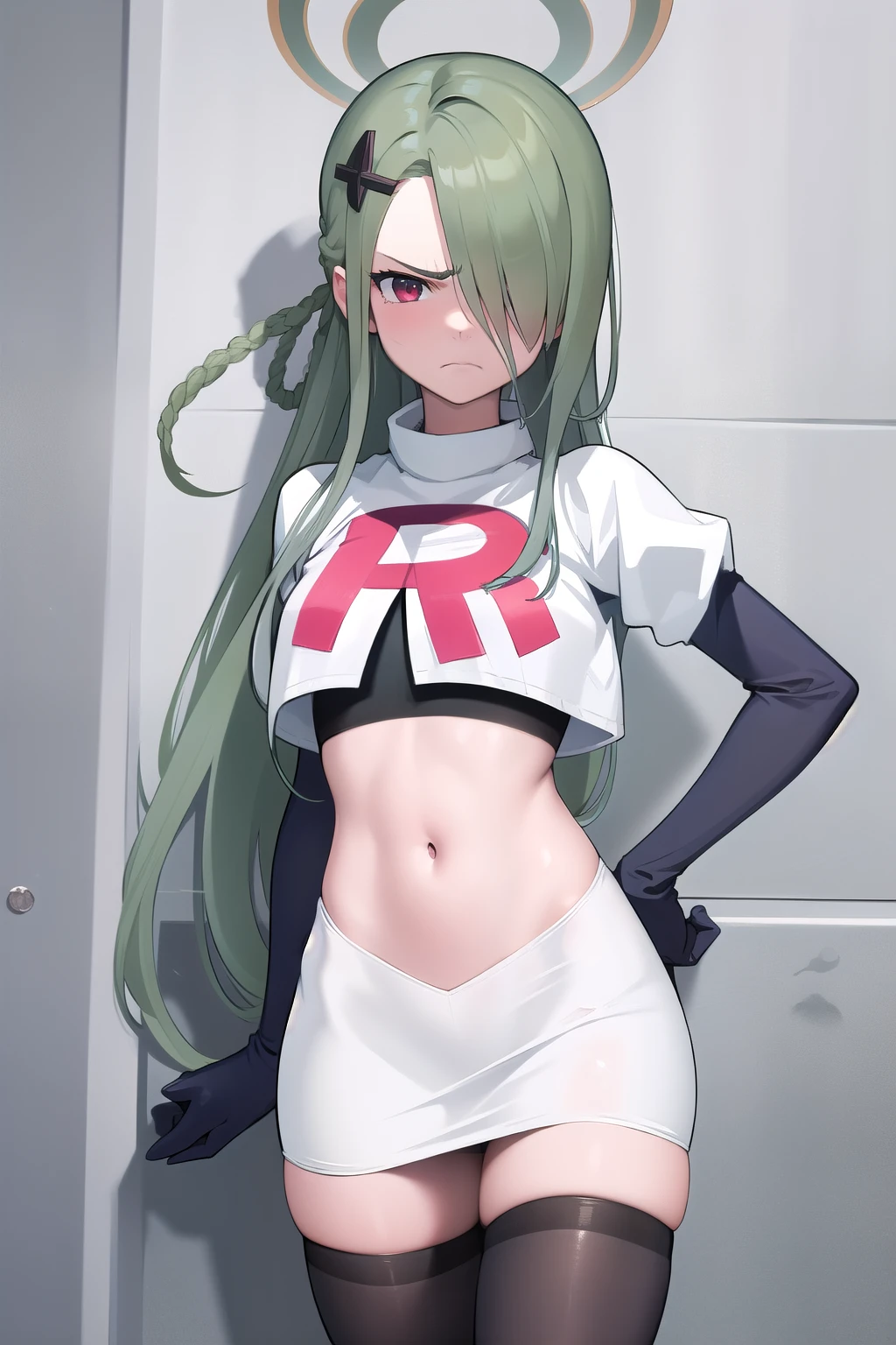 (masterpiece:1.3), (absurdres:1.3), (best quality:1.3), (ultra-detailed:1.3), 1girl, looking at viewer, minaid, halo, hair over one eyes, masterpiece, best quality, flayn, hair ornaments, furrowed brow, annoyed, team rocket,team rocket uniform,white skirt,red letter R,crop top,black thigh-highs,black elbow gloves