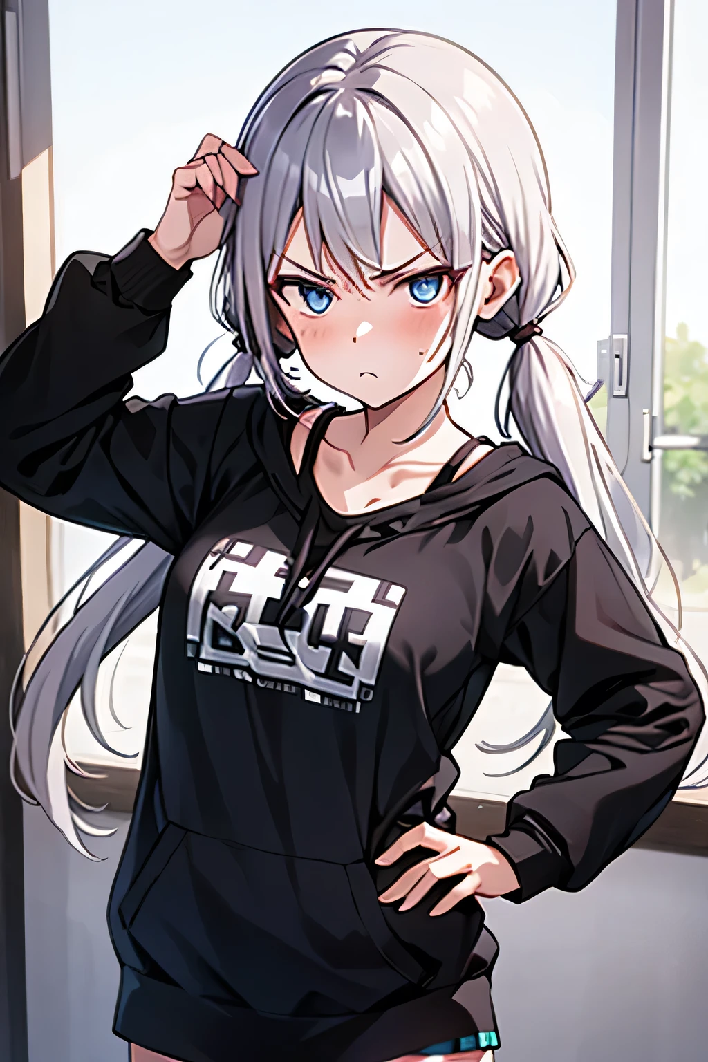 masterpiece, female, disgust, glaring, looking at viewer, low twintails, silver hair, blue eyes, jitome, fair skin, short, slender, 20-year-old, cute