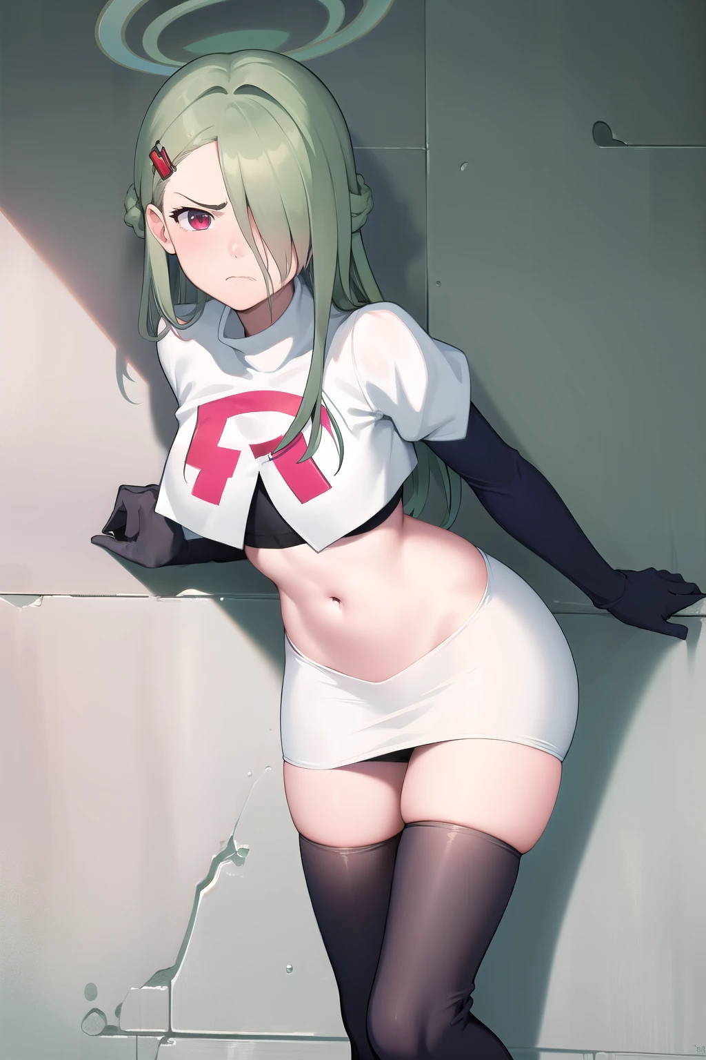 (masterpiece:1.3), (absurdres:1.3), (best quality:1.3), (ultra-detailed:1.3), 1girl, looking at viewer, minaid, halo, hair over one eyes, masterpiece, best quality, flayn, hair ornaments, furrowed brow, annoyed, team rocket,team rocket uniform,white skirt,red letter R,crop top,black thigh-highs,black elbow gloves