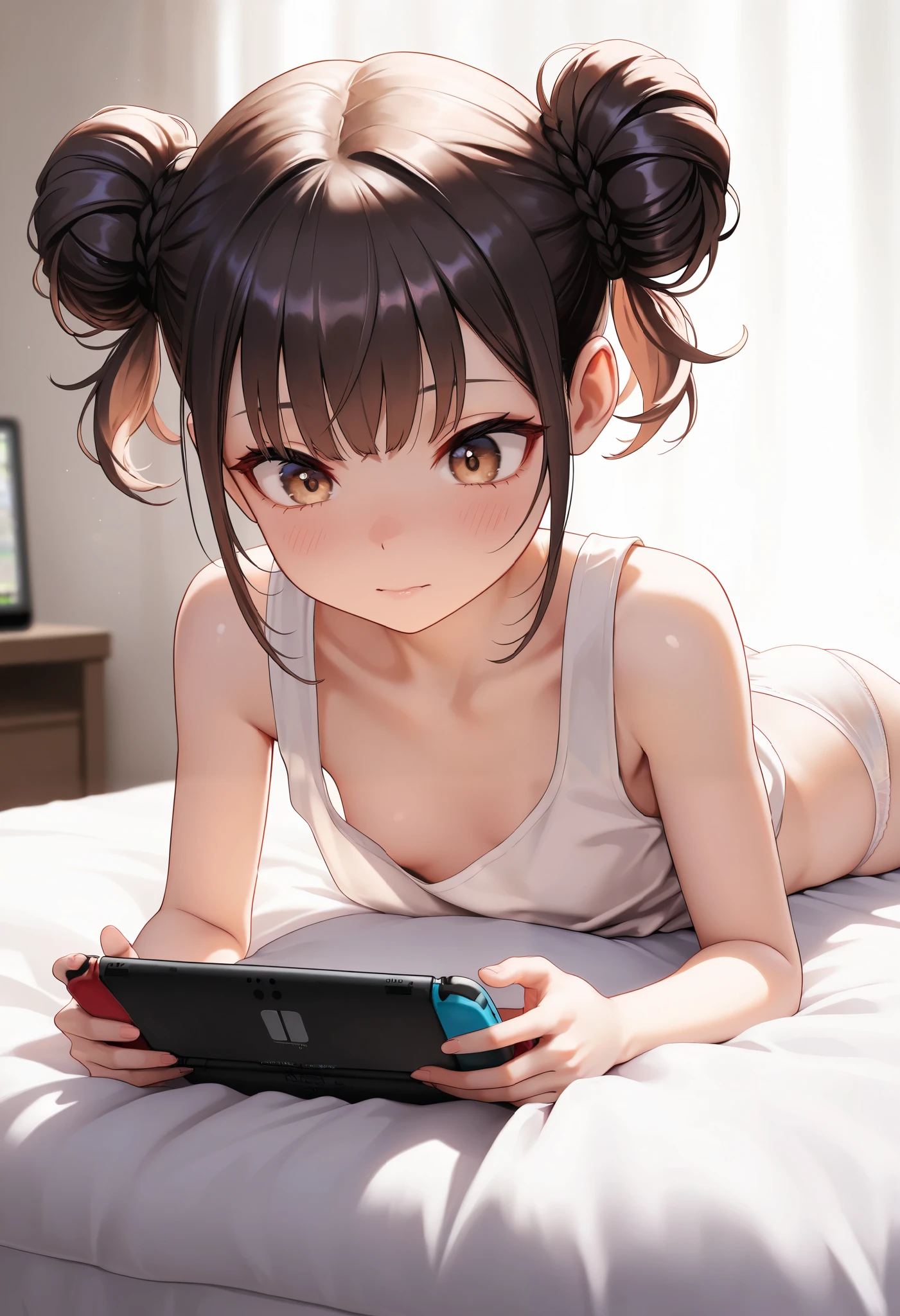 score_9, score_8_up, score_7_up, score_6_up, score_5_up, score_4_up, 
BREAK(((Highly detailed, sharp detail, vibrant colors, masterpiece, ultra-realistic, 8K, 4K, cinematic lighting, Extremely detailed, perfect hands, detailed eyes, absurdres, hires, highres, good hands, detailed hands, detailed background, detailed clothes, extreme detail)), (A slutty young and prepubescent Japanese female, skinny, lithe and petite body, super cute and beautiful), NSFW pose, (Tank top, white cotton panties, effortlessly attractive, lewd brown eyes, cute jet-black twin buns hairstyle, strands framing face), (Cute, focused face, Girly bedroom background, laying on bed, laying on stomach, large bed, holding Nintendo 3DS, showing off body, playing video games, damp panties),  sister and vulgar theme, innocent and focused expression, NSFW, JK,